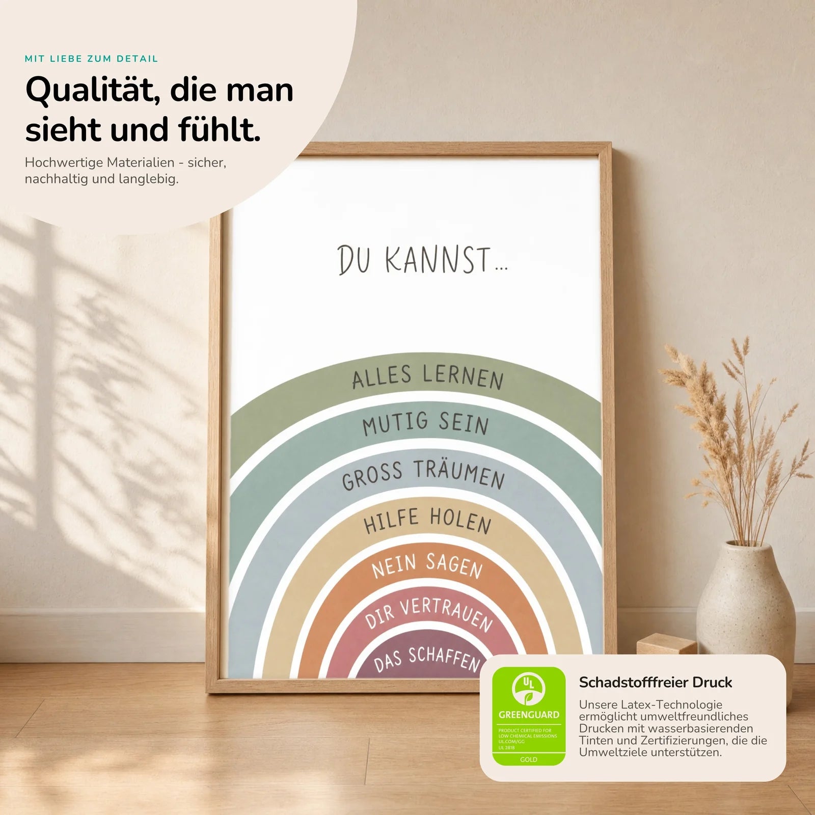 Affirmationsposter Kinderzimmer Regenbogen Du kannst, Nahaufnahme der Affirmationen
