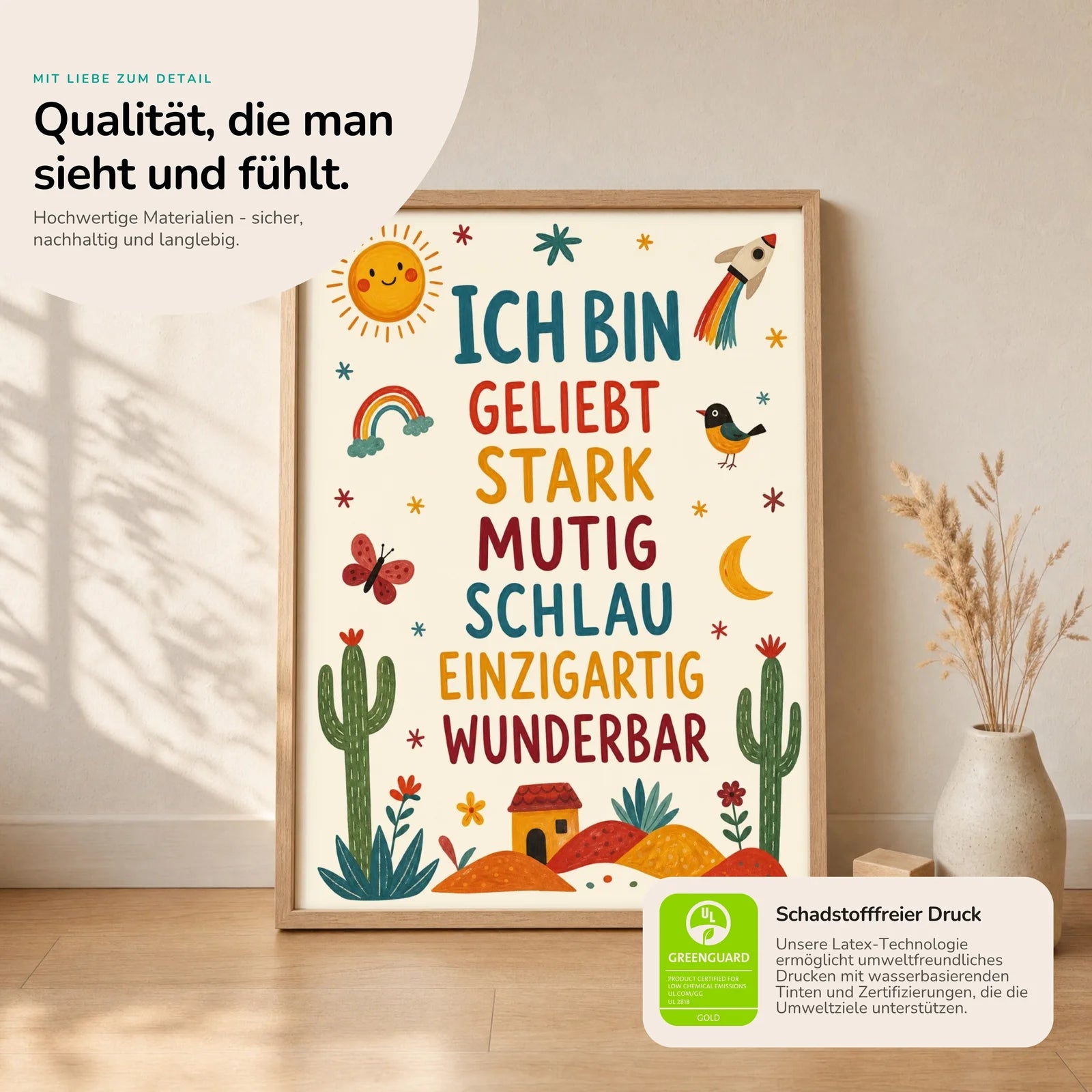 Affirmationsposter Kinderzimmer Wüste Ich bin geliebt, Nahaufnahme der Affirmationen