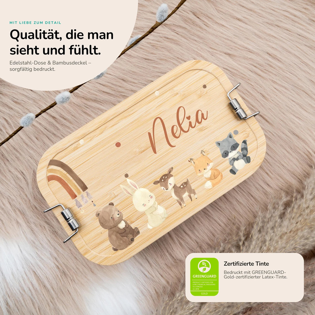 Brotdose Kinder personalisiert - Boho Tierfamilie Regenbogen
