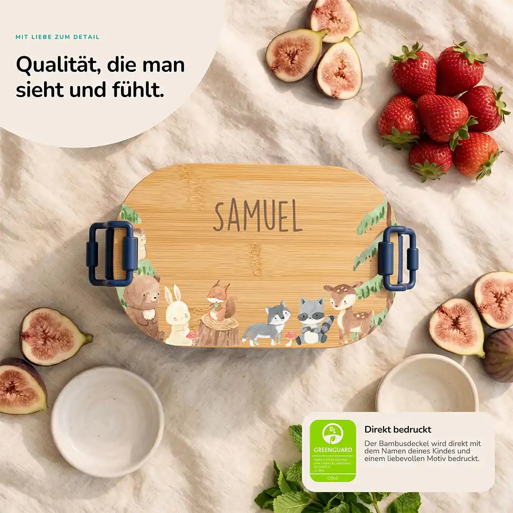 Brotdose Kinder personalisiert Waldtiere, Bambusdeckel direkt bedruckt mit Wunschname