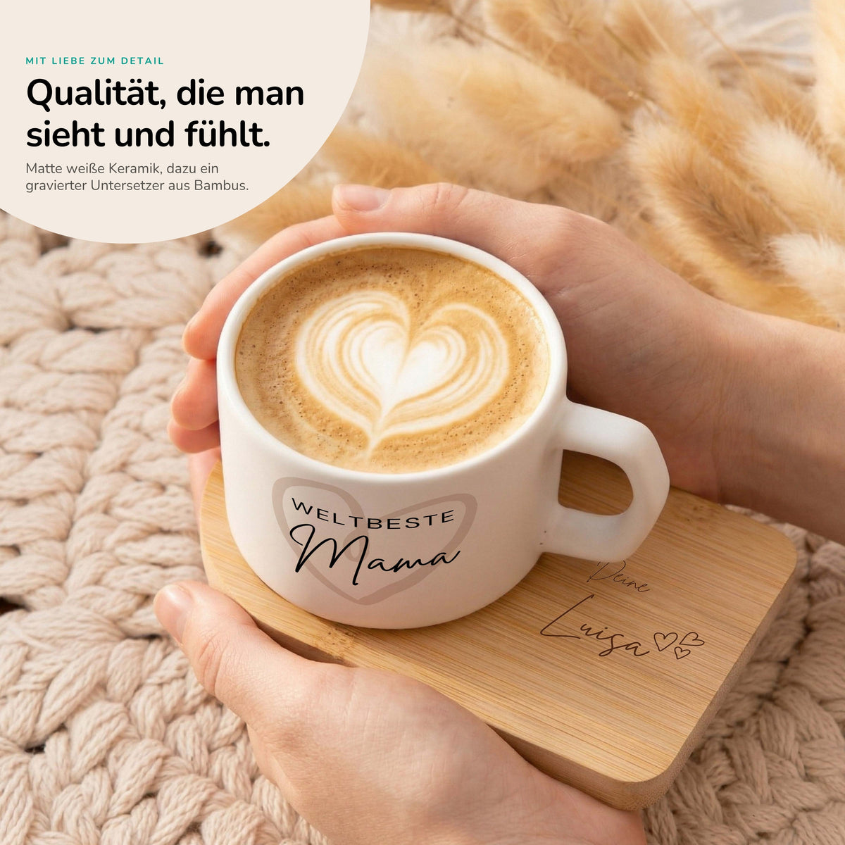 Muttertagsgeschenk Keramikbecher mit Untersetzer – Weltbeste Mama Herz