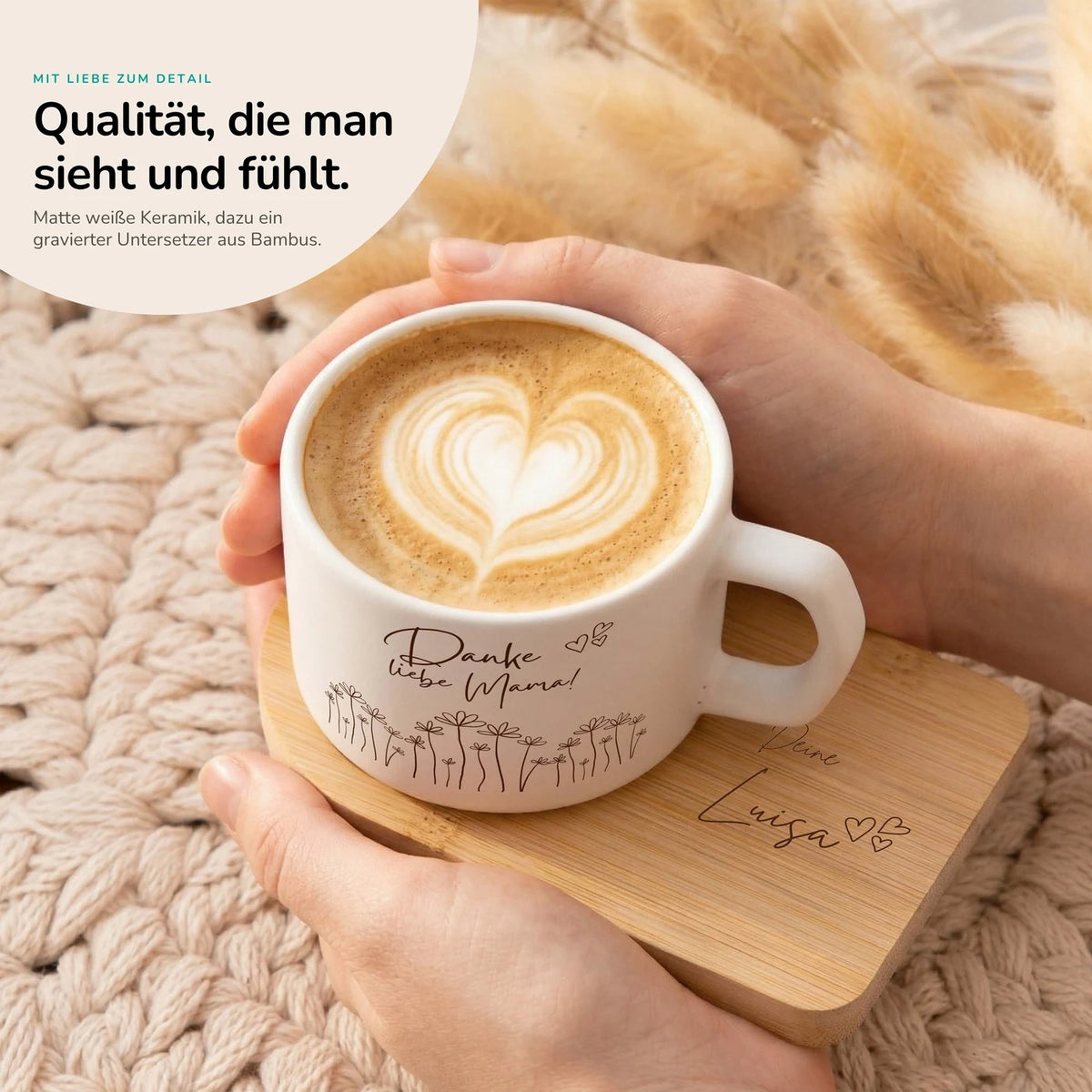 Muttertagsgeschenk Keramikbecher mit Untersetzer – Danke liebe Mama Blumenwiese