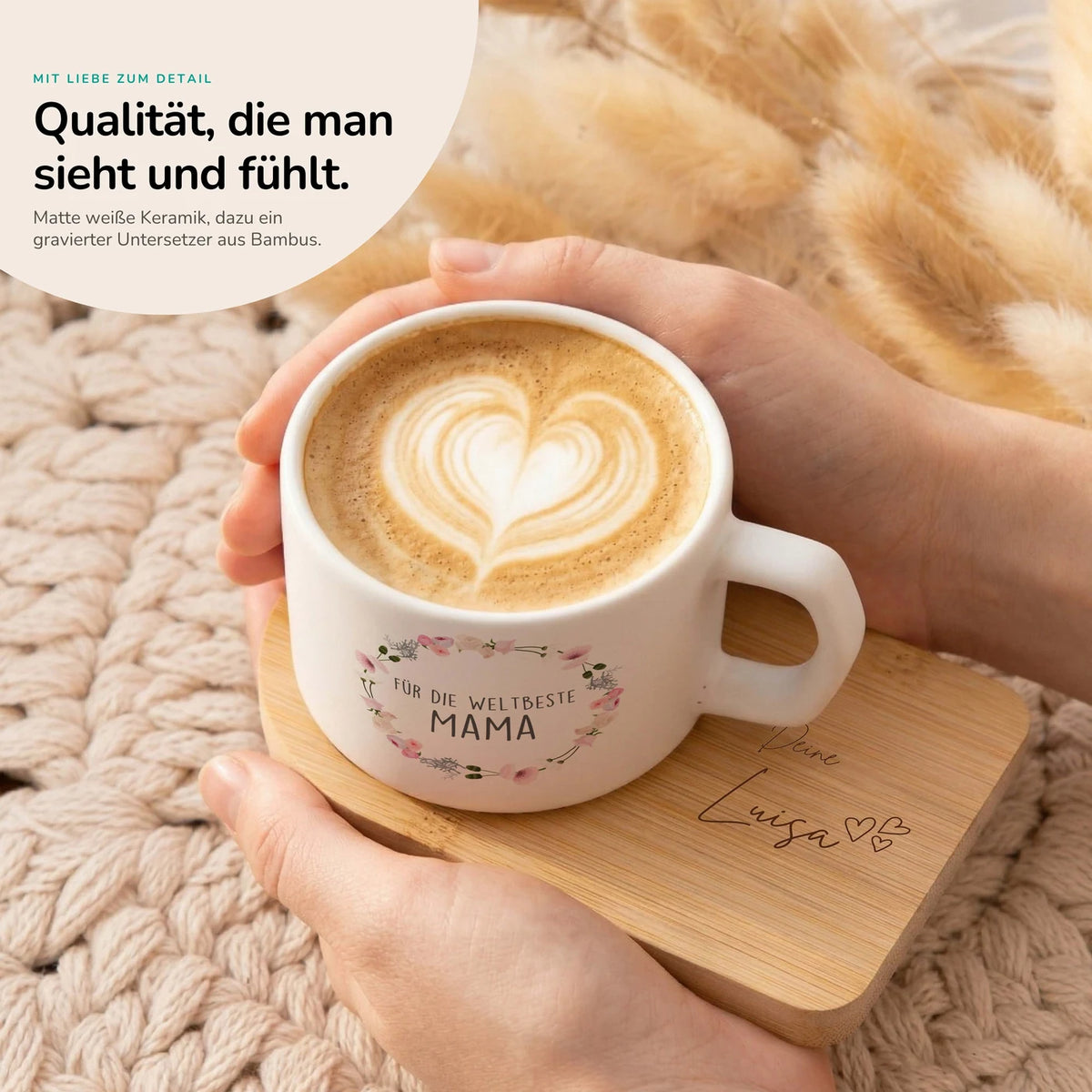 Muttertagsgeschenk Keramikbecher mit Untersetzer – Blumenkranz Weltbeste Mama