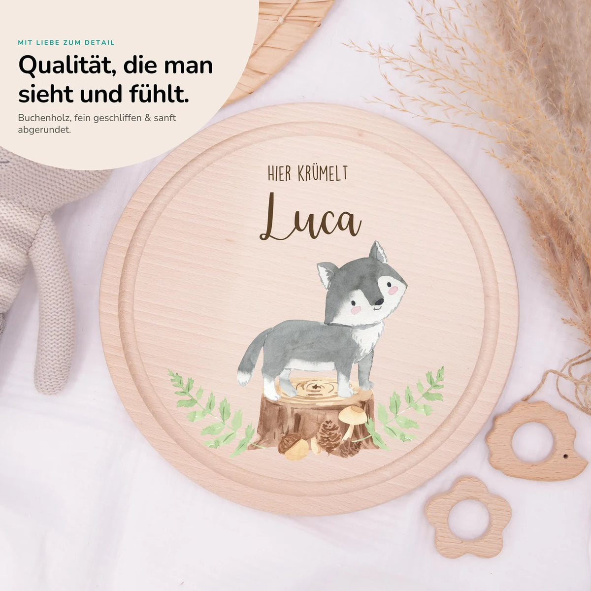 Rundes personalisiertes Frühstücksbrettchen Dachs mit Namen für Kinder