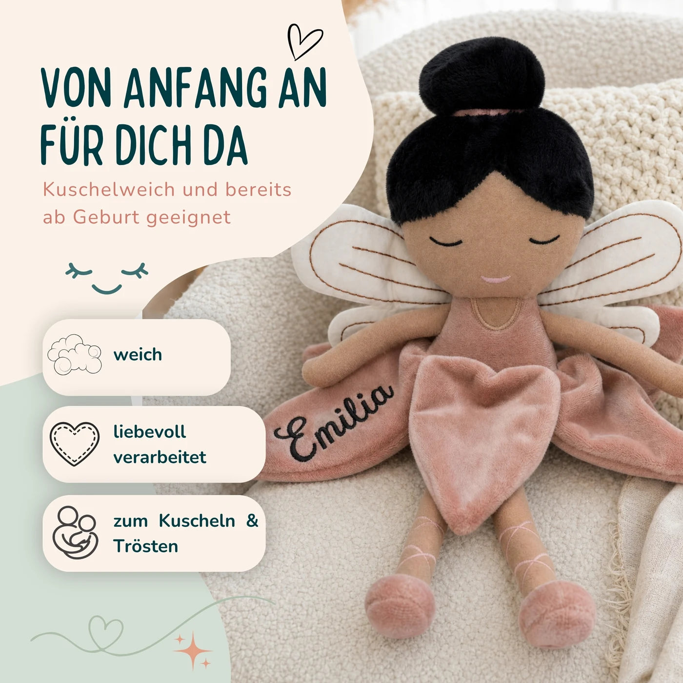 Jollein Stoffpuppe Fee Rosé, kuschelweich und bereits ab Geburt geeignet