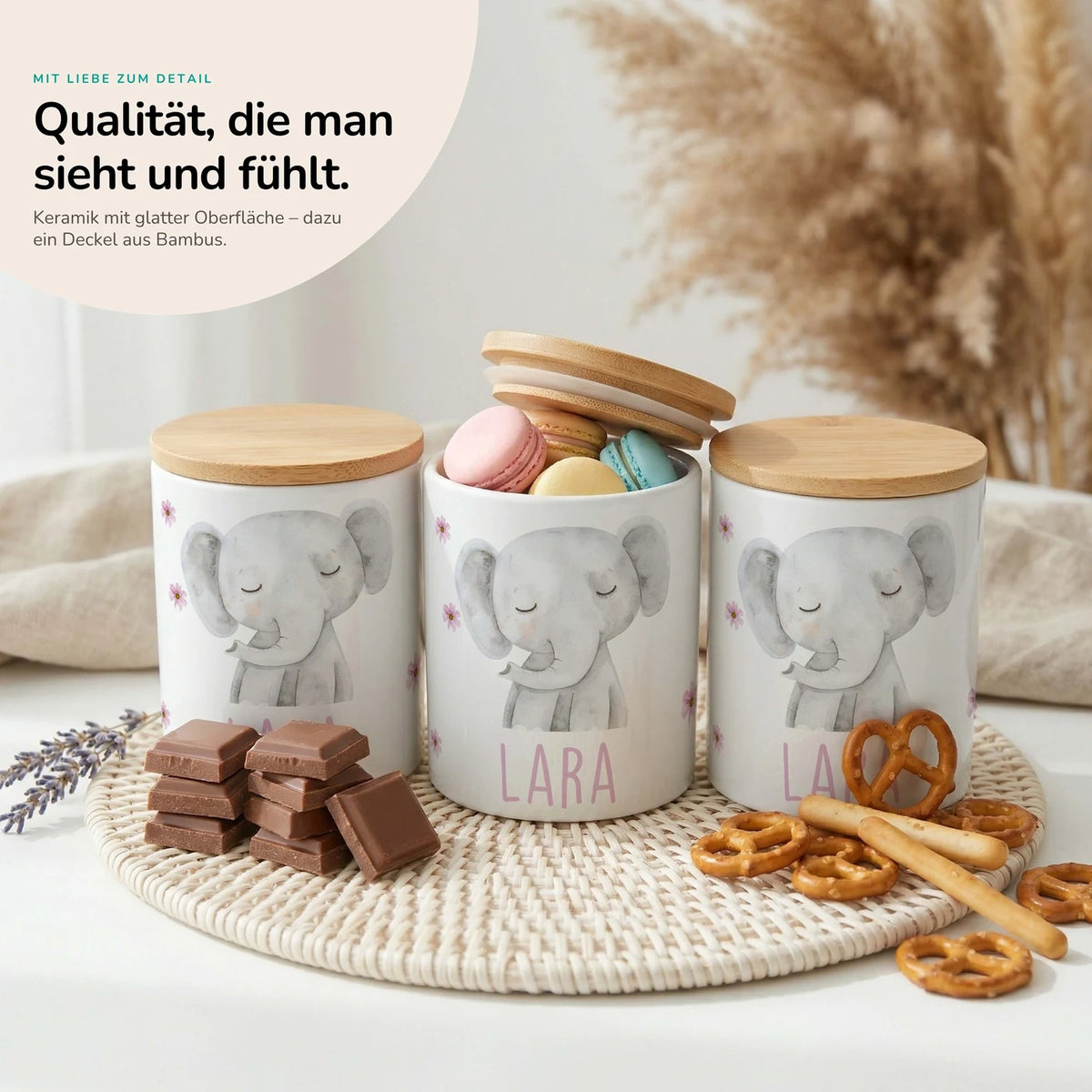 Personalisierte Keksdose Elefant Blumen – Keramik & Bambus mit Wunschname