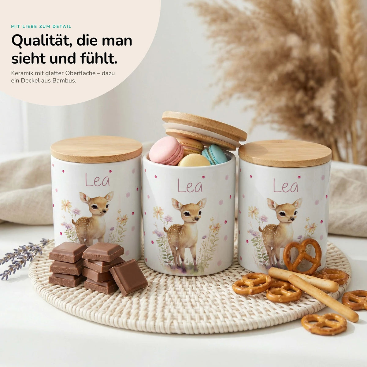 Personalisierte Keksdose Rehkitz Blumenwiese – Keramik & Bambus mit Wunschname