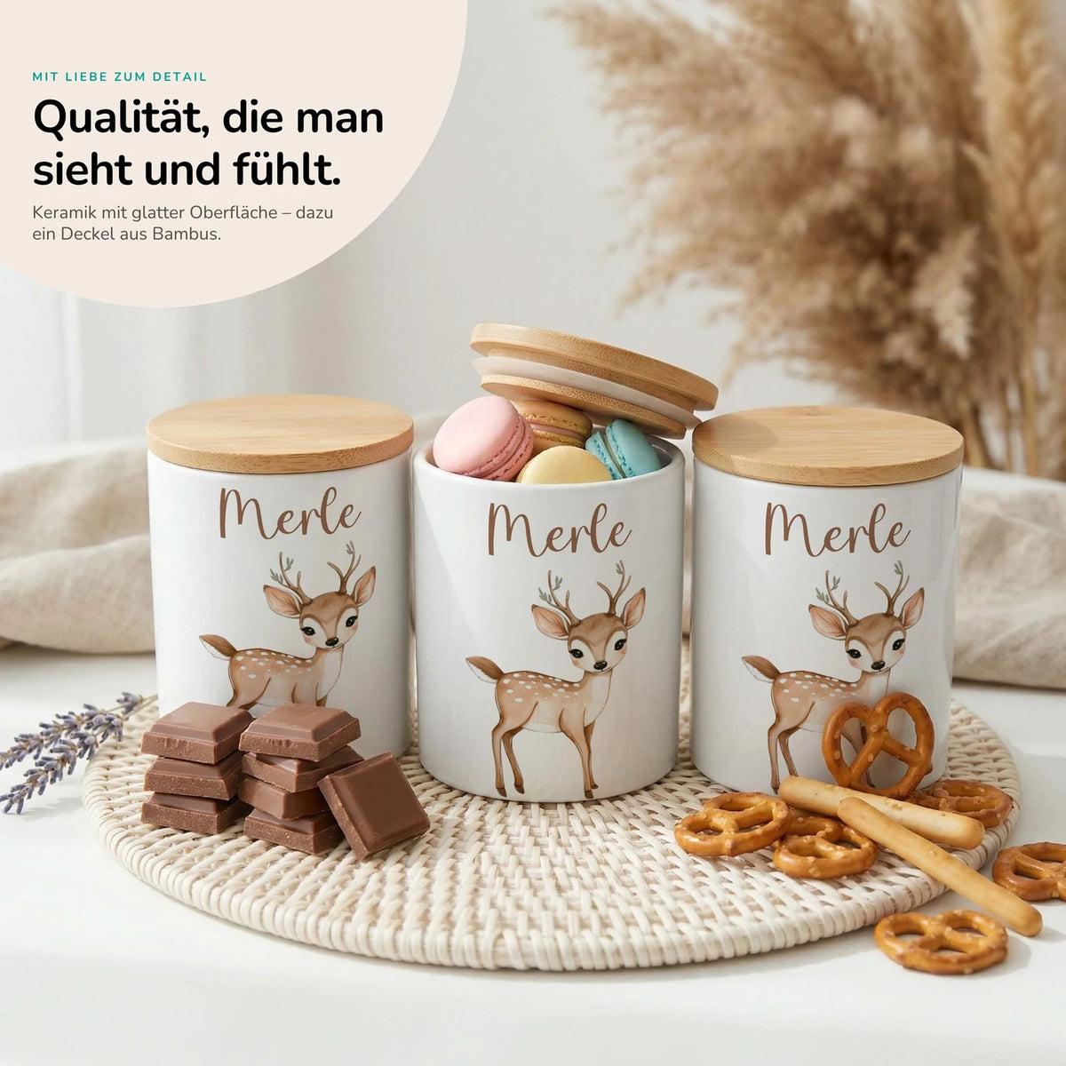 Personalisierte Keksdose Rehkitz Bambi – Keramik & Bambus mit Wunschname