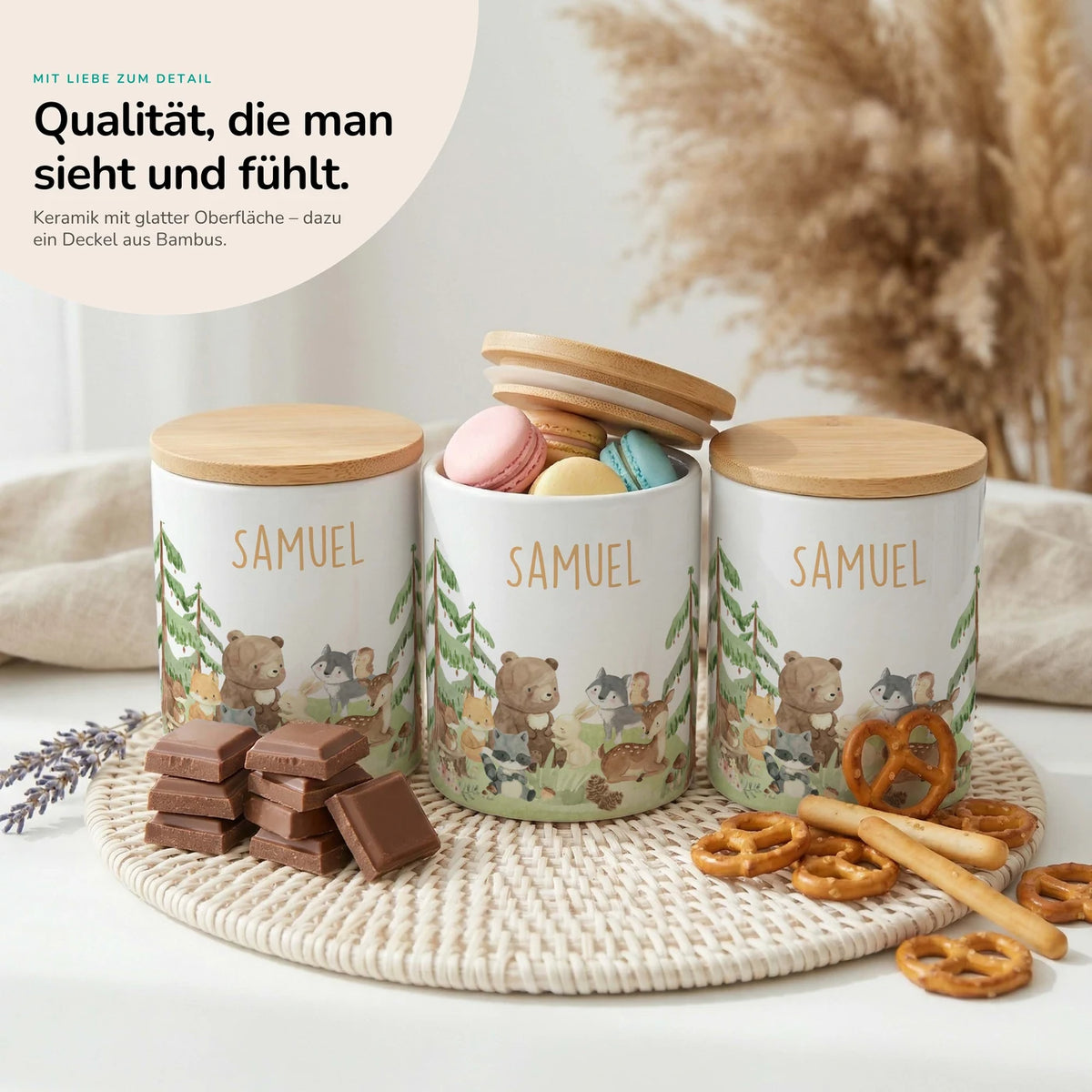Personalisierte Keksdose Waldfreunde II – Keramik & Bambus mit Wunschname