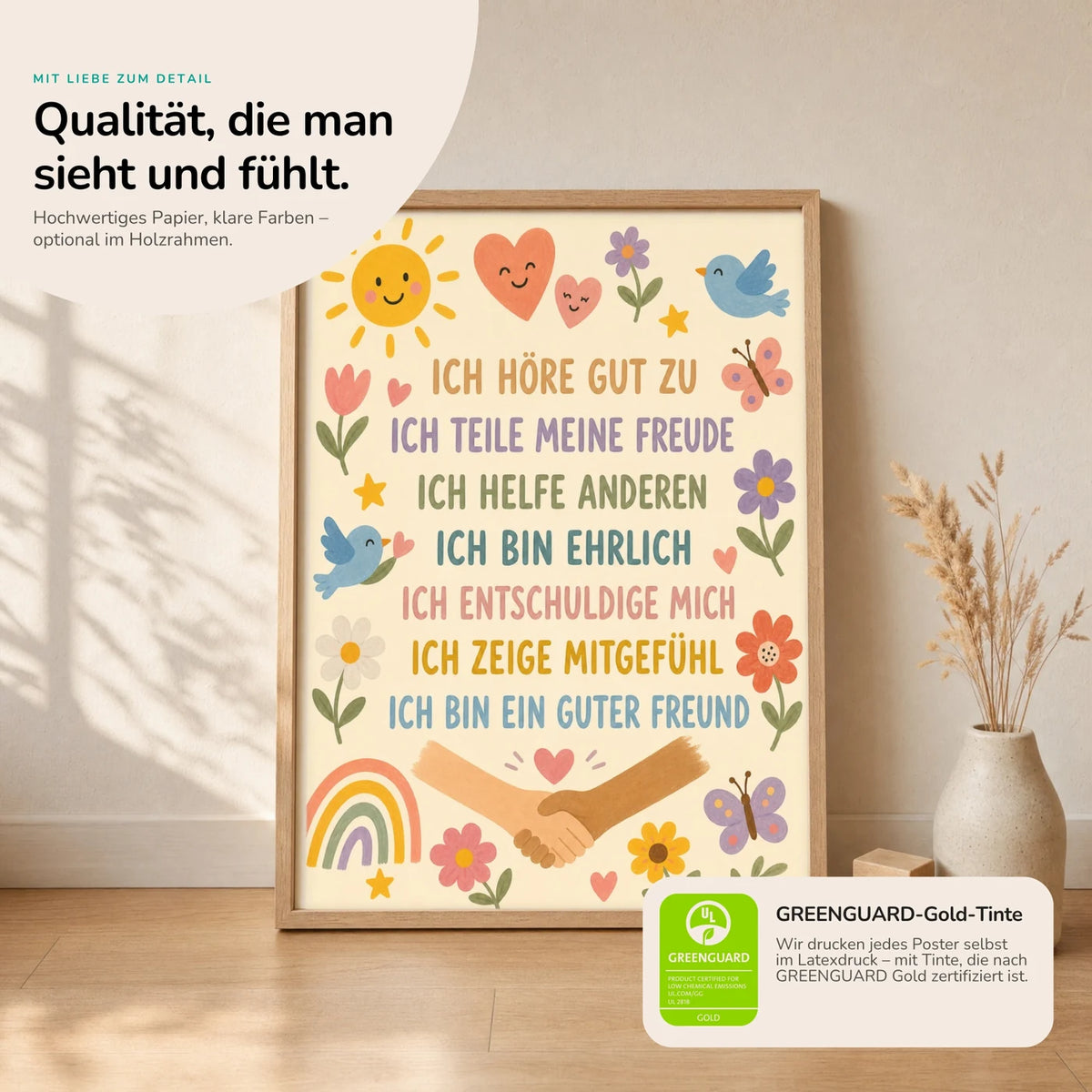Kinderposter „Blumenwiese Ich höre zu“ im Holzrahmen auf dem Regal – Poster mit Sprüchen fürs Kinderzimmer