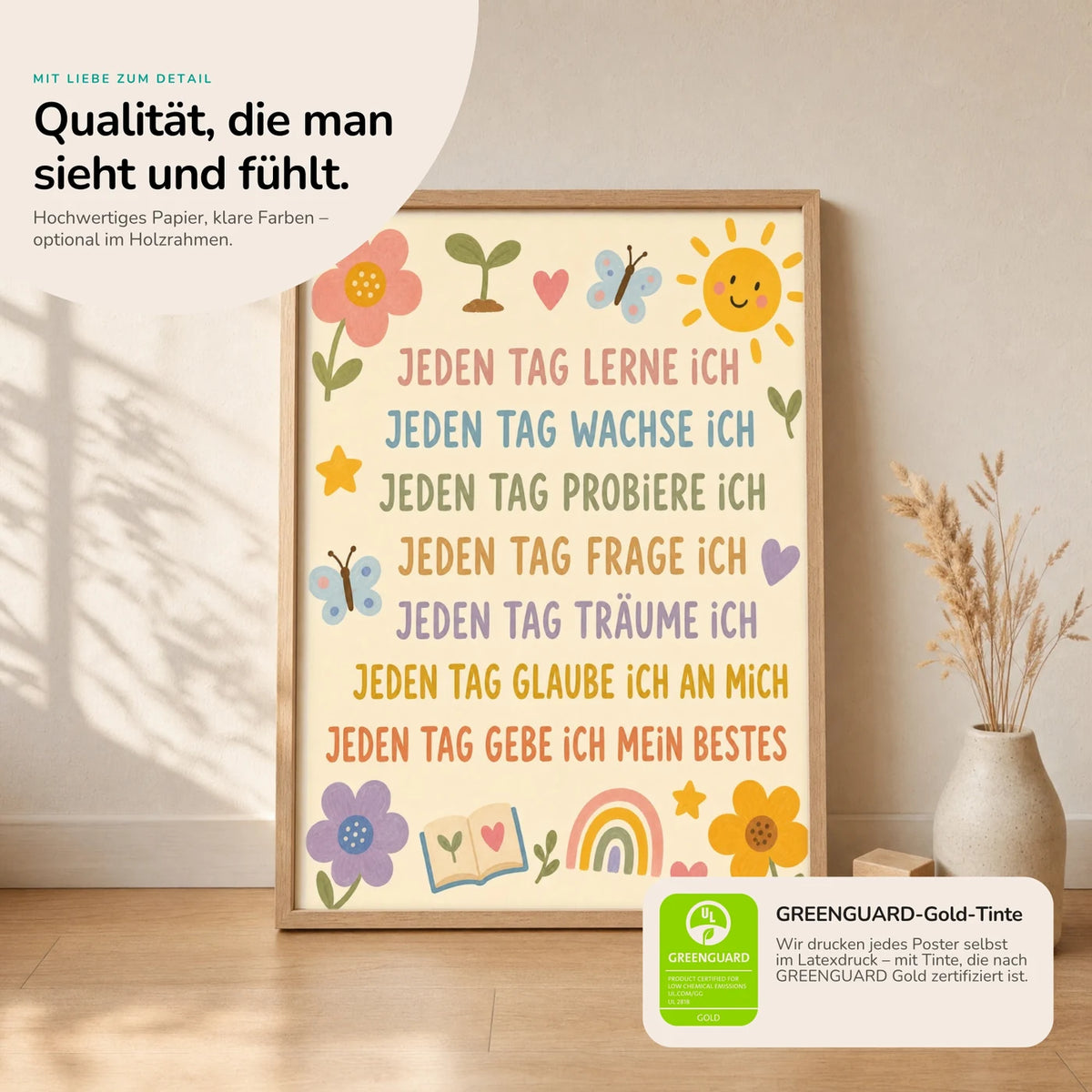 Kinderposter „Blumenwiese Jeden Tag“ im Holzrahmen auf dem Regal – Poster mit Sprüchen fürs Kinderzimmer