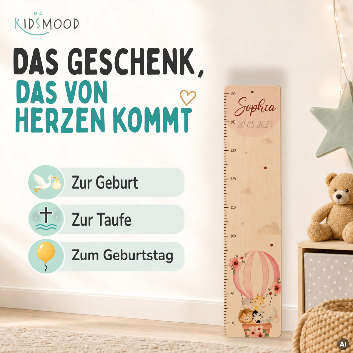 Messlatte Kinder Holz & Aluverbund - Tierfreunde & Ballon