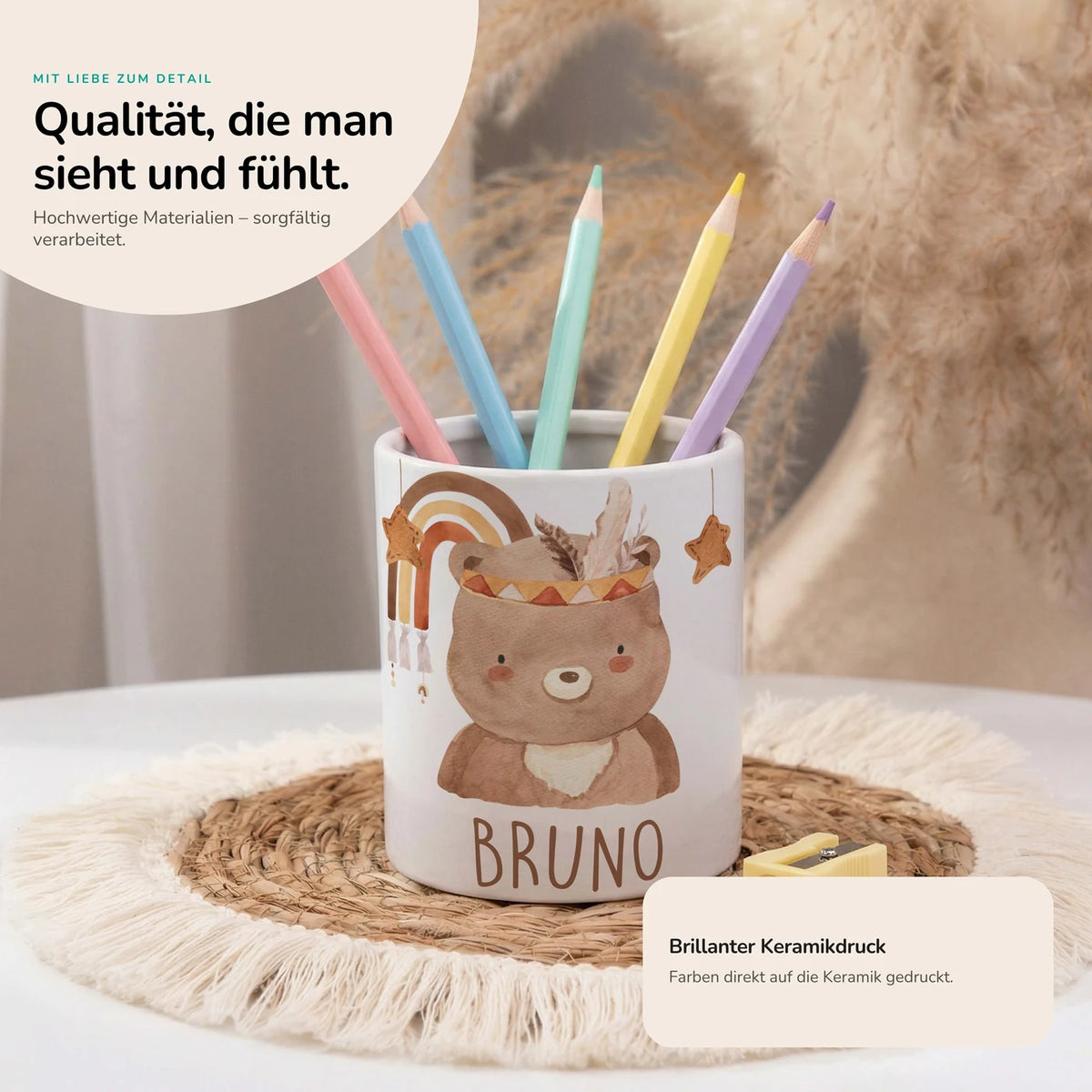 Personalisierter Stiftehalter Boho-Bär – Keramik mit Wunschname