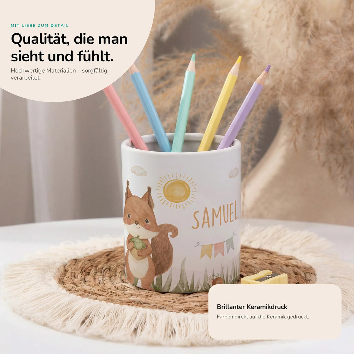 Personalisierter Stiftehalter Eichhörnchen Sommer – Keramik mit Wunschname