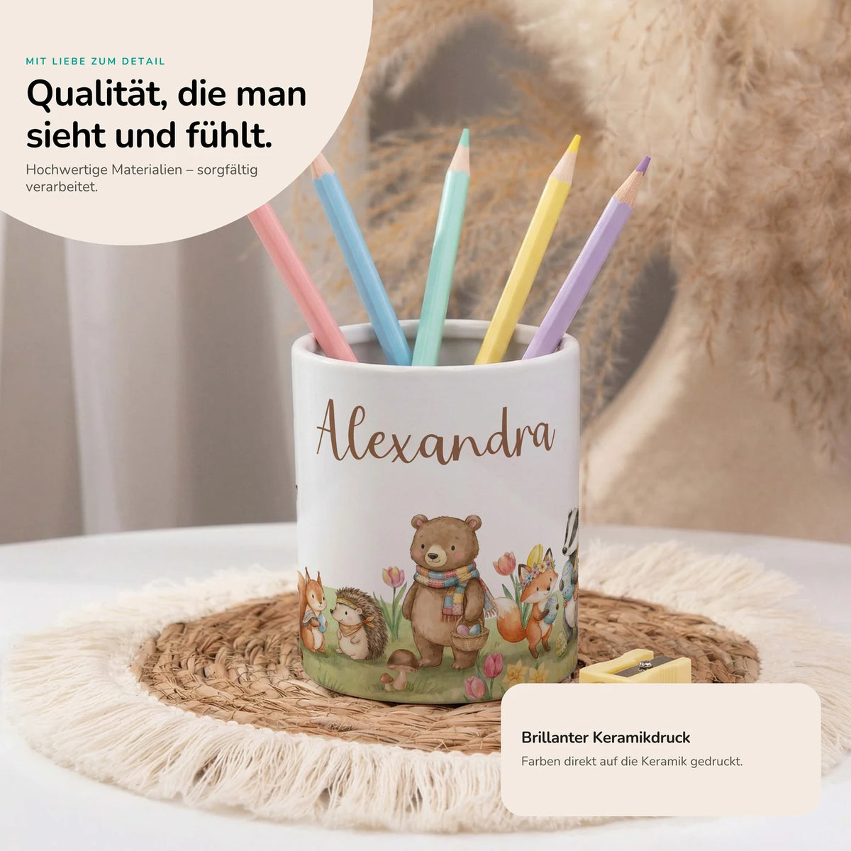 Personalisierter Stiftehalter Herbst-Waldtiere – Keramik mit Wunschname