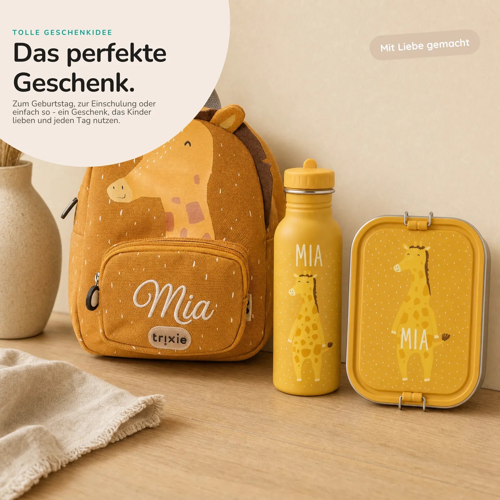 Trixie Kindergarten Set Giraffe, Kita-Set mit Rucksack, Brotdose und Trinkflasche