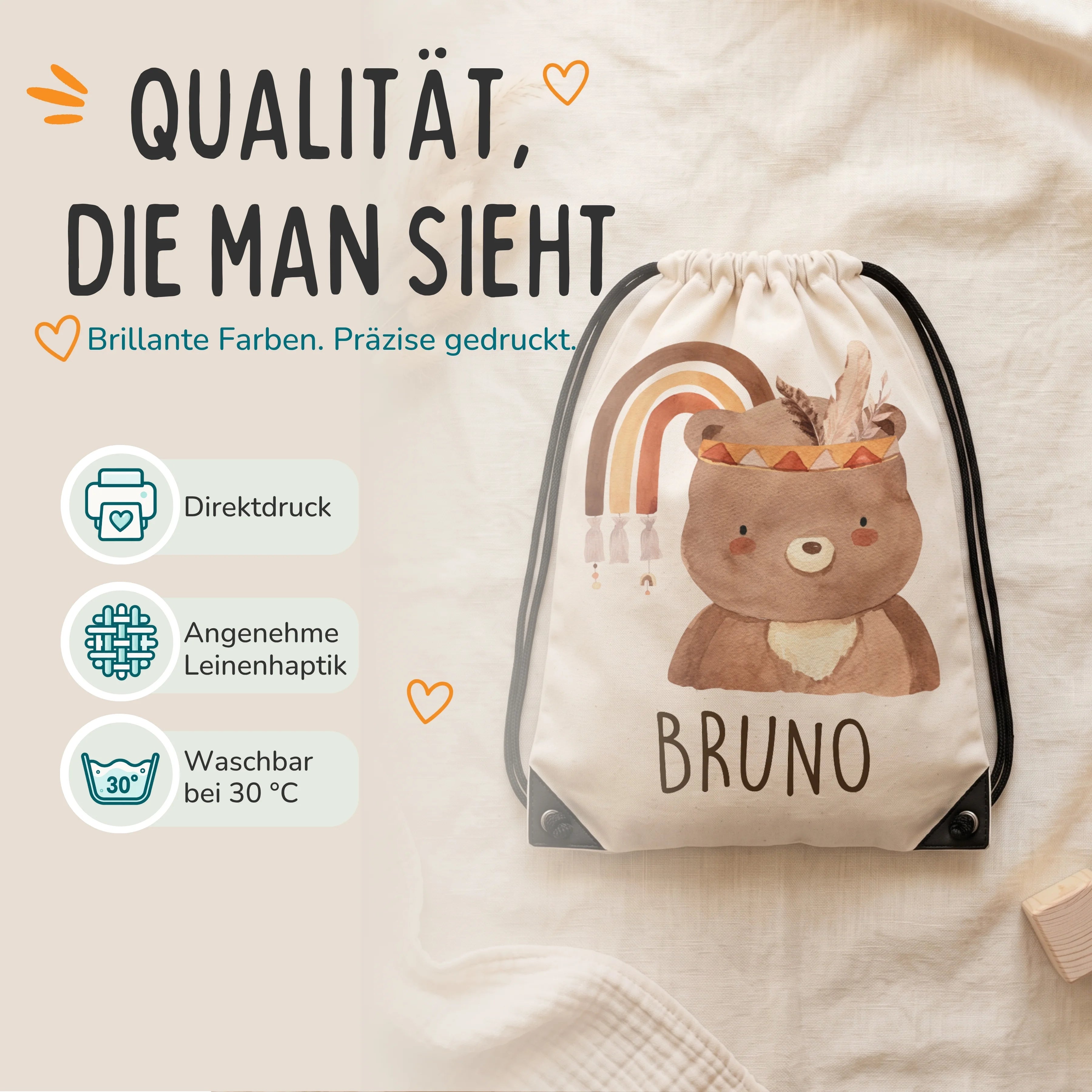 Personalisierter Turnbeutel Bär mit Regenbogen, Direktdruck auf Polyester mit Leinenhaptik, waschbar bei 30 °C