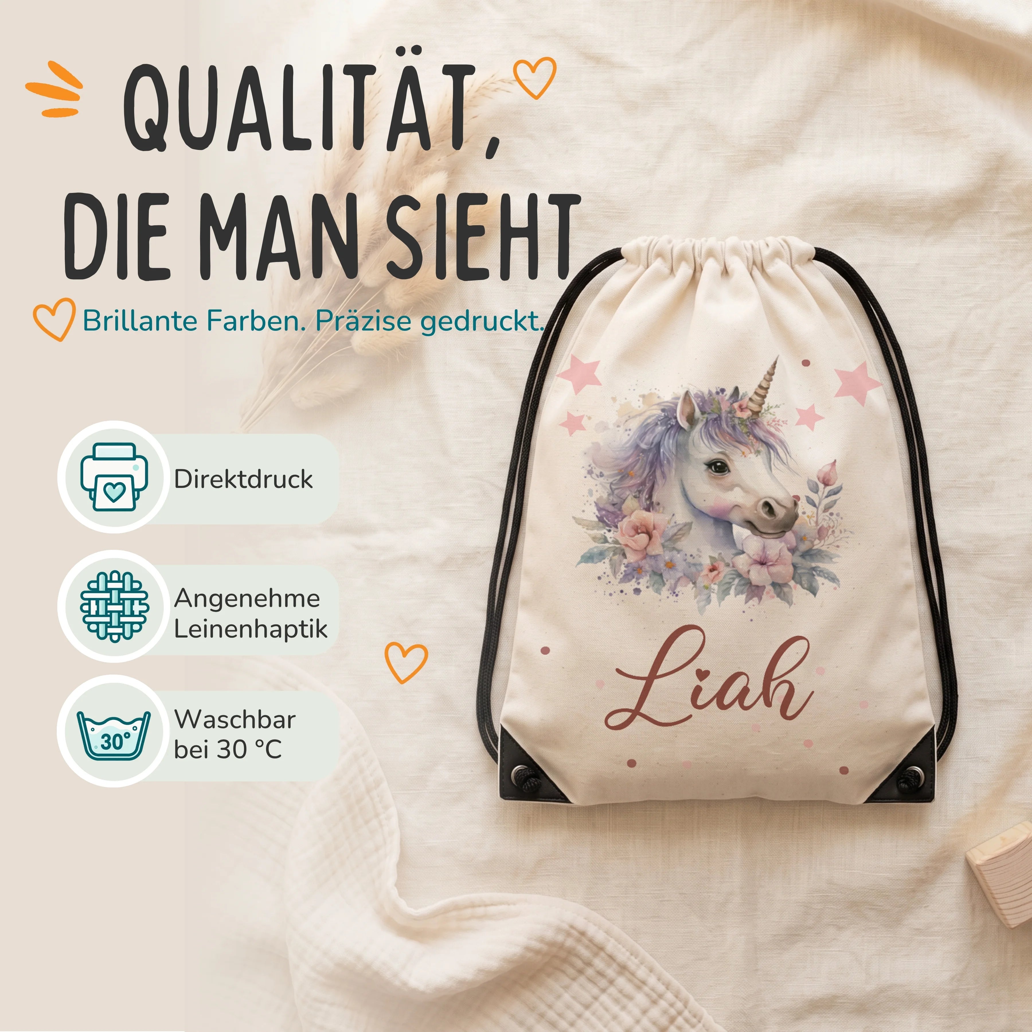 Personalisierter Turnbeutel Einhorn mit Blumen, Direktdruck auf Polyester mit Leinenhaptik, waschbar bei 30 °C