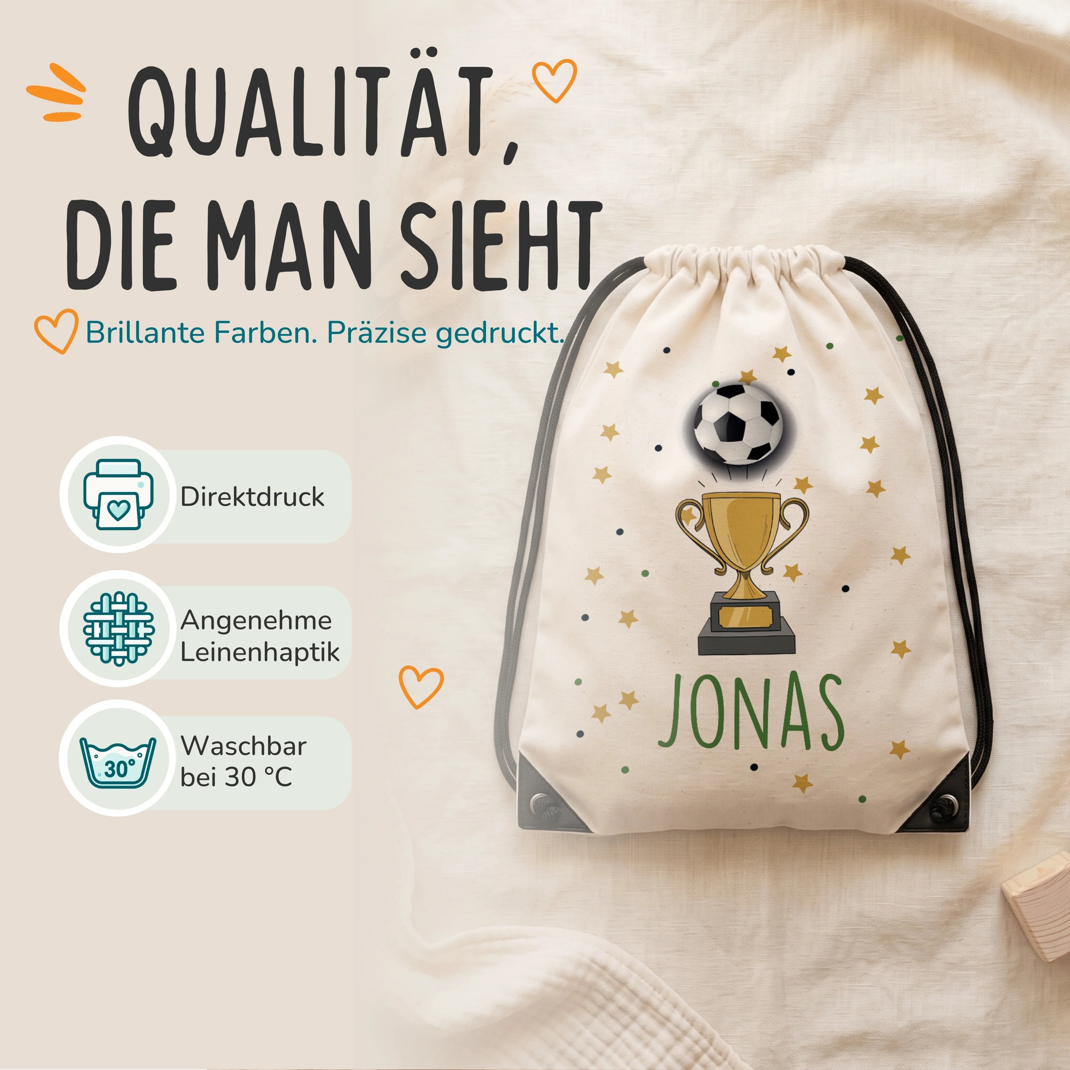 Personalisierter Turnbeutel Fußball Pokal, Direktdruck auf Polyester mit Leinenhaptik, waschbar bei 30 °C