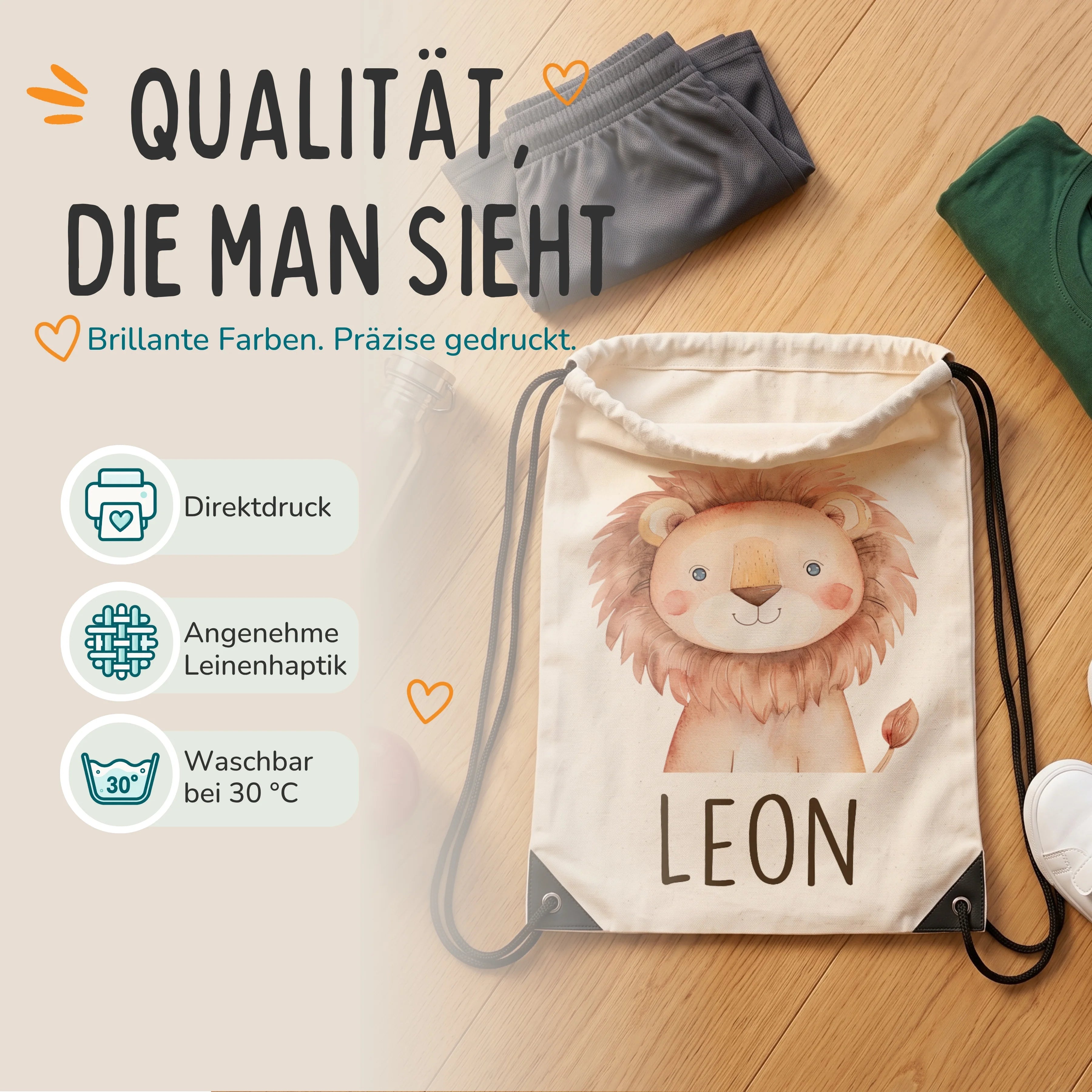 Personalisierter Turnbeutel Löwe, Direktdruck auf Polyester mit Leinenhaptik, waschbar bei 30 °C