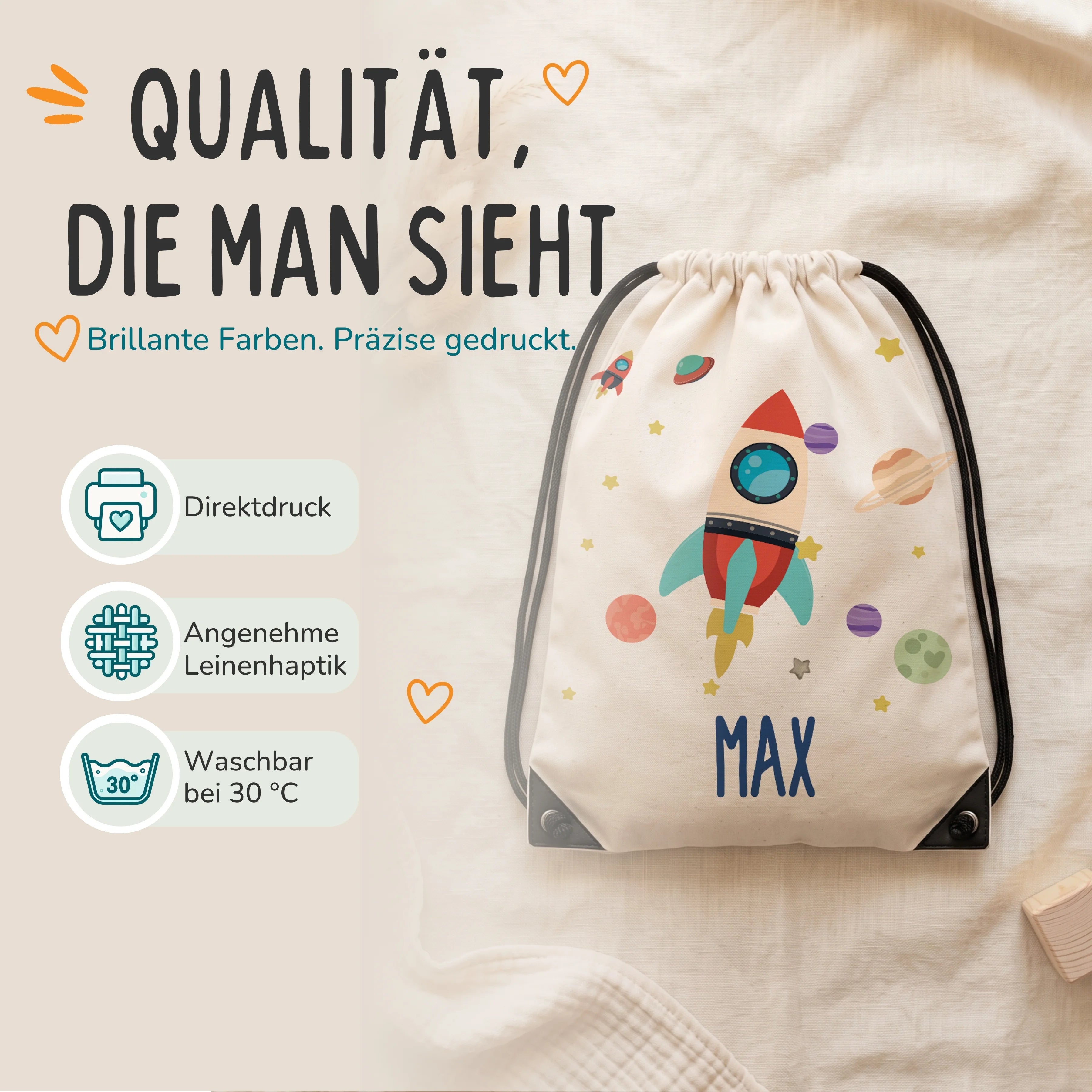 Personalisierter Turnbeutel Rakete, Direktdruck auf Polyester mit Leinenhaptik, waschbar bei 30 °C