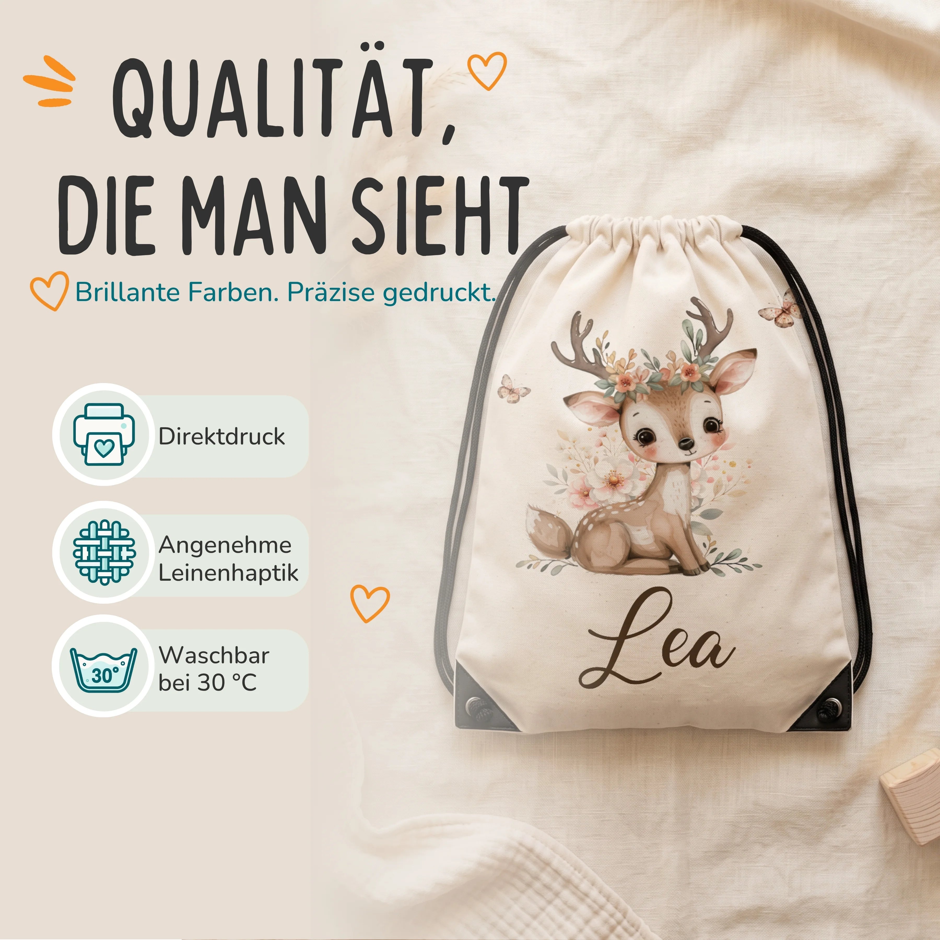 Personalisierter Turnbeutel Reh mit Blumenkranz, Direktdruck auf Polyester mit Leinenhaptik, waschbar bei 30 °C