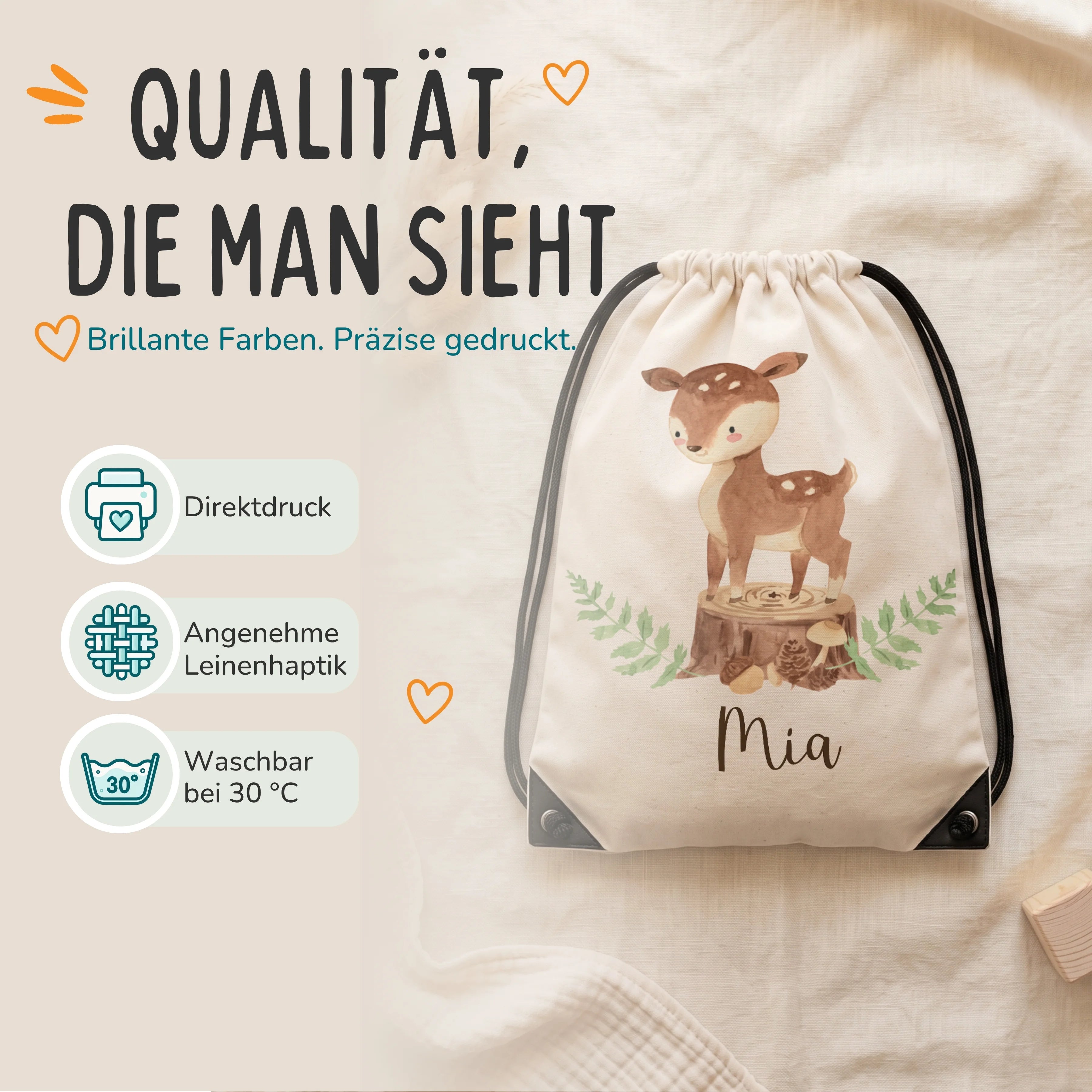 Personalisierter Turnbeutel Reh Waldtiere, Direktdruck auf Polyester mit Leinenhaptik, waschbar bei 30 °C