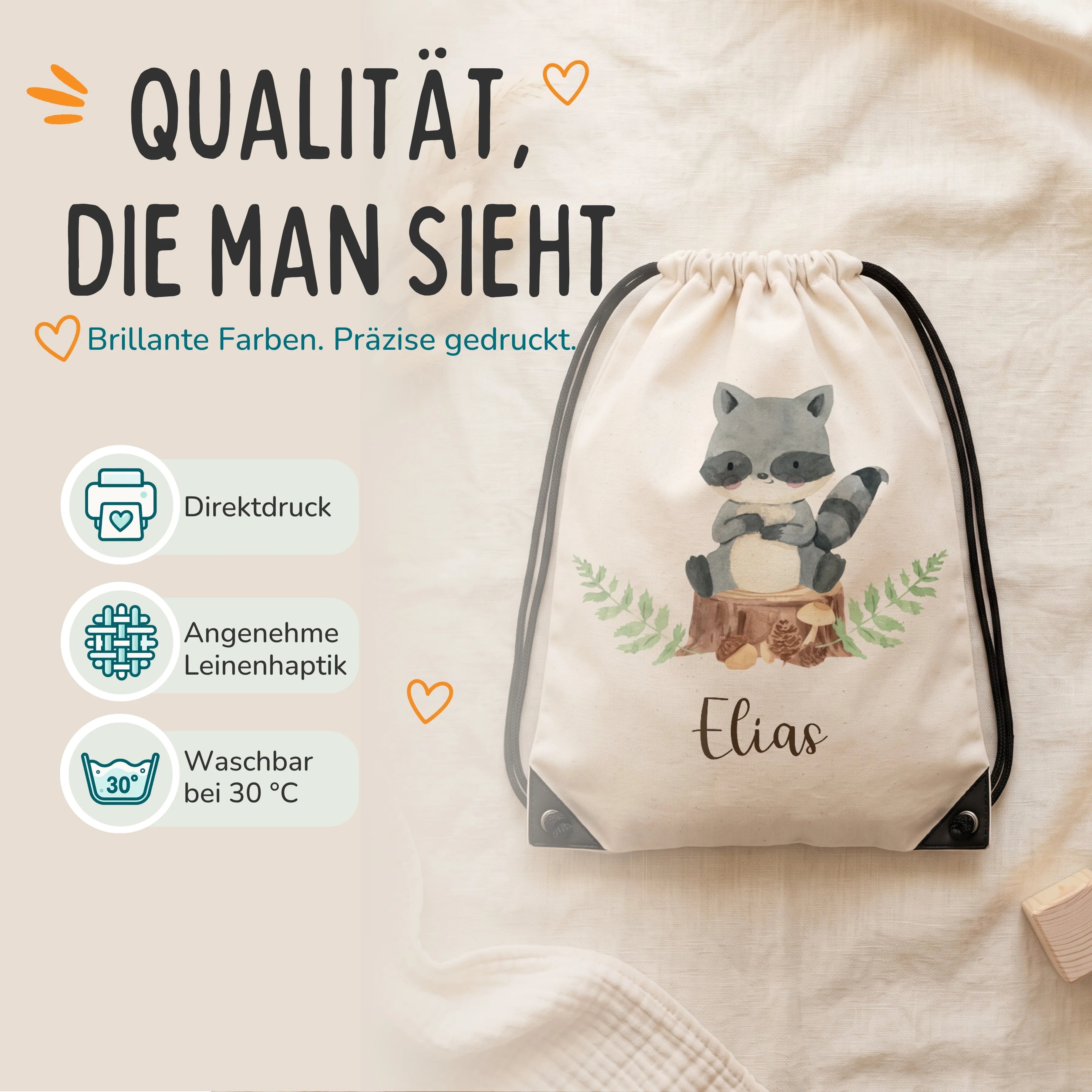 Personalisierter Turnbeutel Waschbär, Direktdruck auf Polyester mit Leinenhaptik, waschbar bei 30 °C