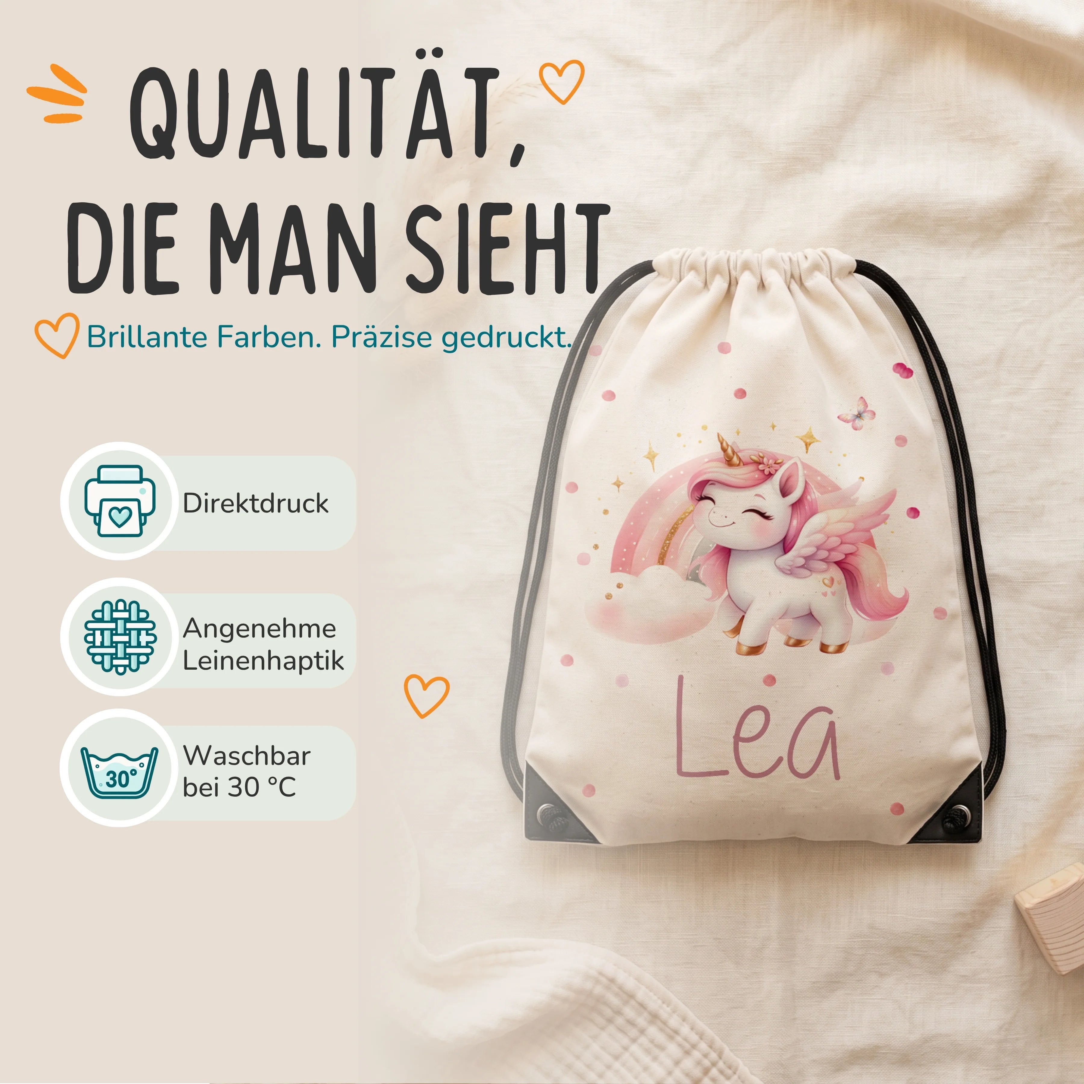 Personalisierter Turnbeutel Zauberhaftes Einhorn, Direktdruck auf Polyester mit Leinenhaptik, waschbar bei 30 °C