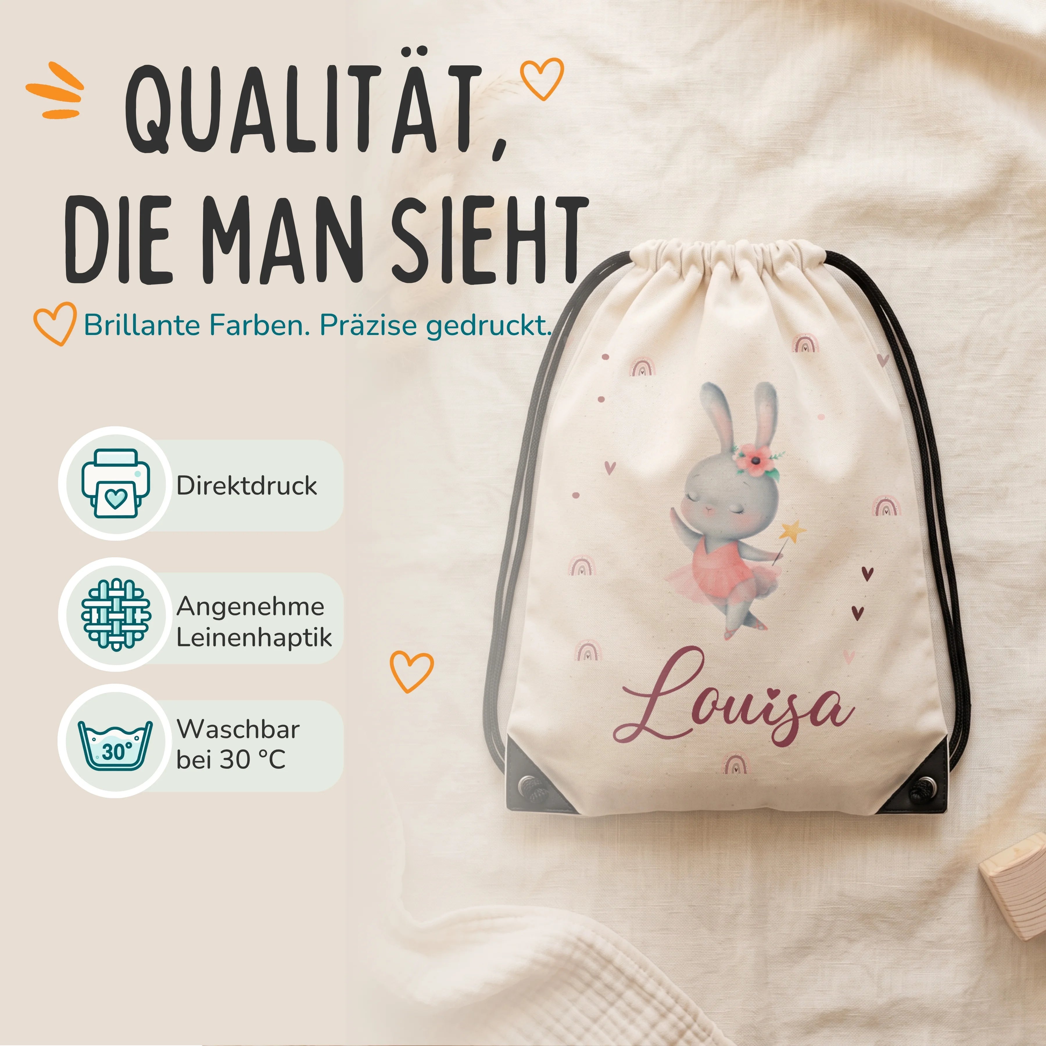 Personalisierter Turnbeutel Zauberhase, Direktdruck auf Polyester mit Leinenhaptik, waschbar bei 30 °C