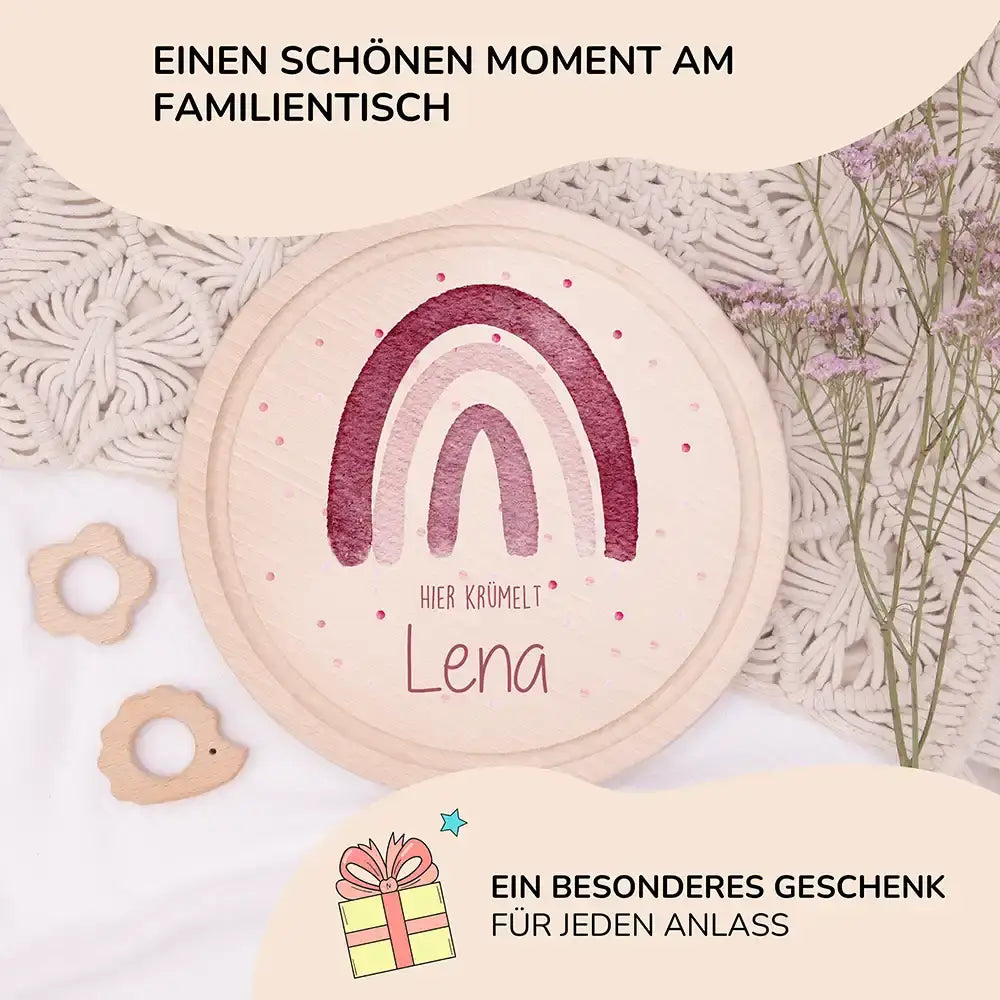 Rundes personalisiertes Frühstücksbrettchen Regenbogen mit Namen für Kinder