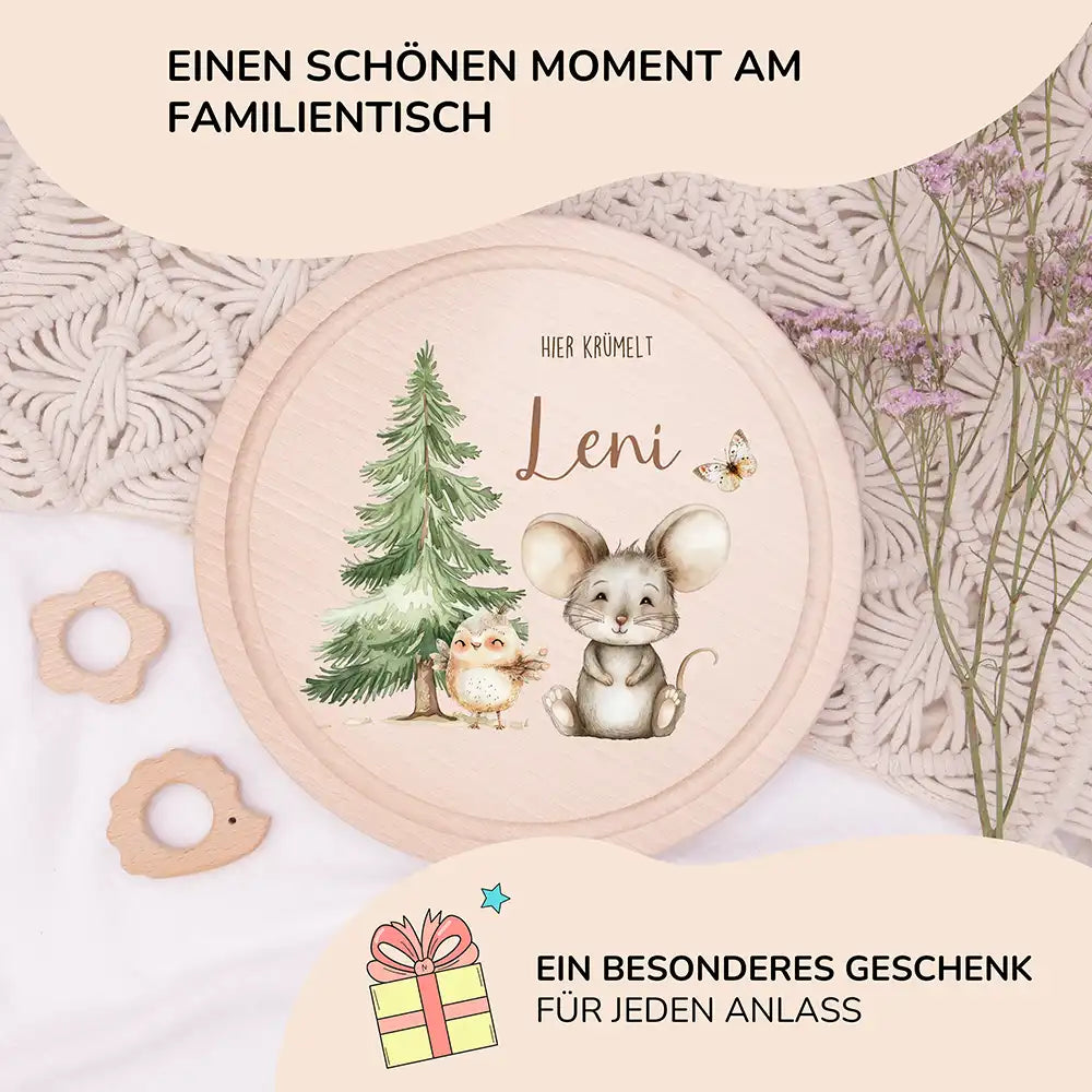 Rundes personalisiertes Frühstücksbrettchen Springmaus mit Namen für Kinder