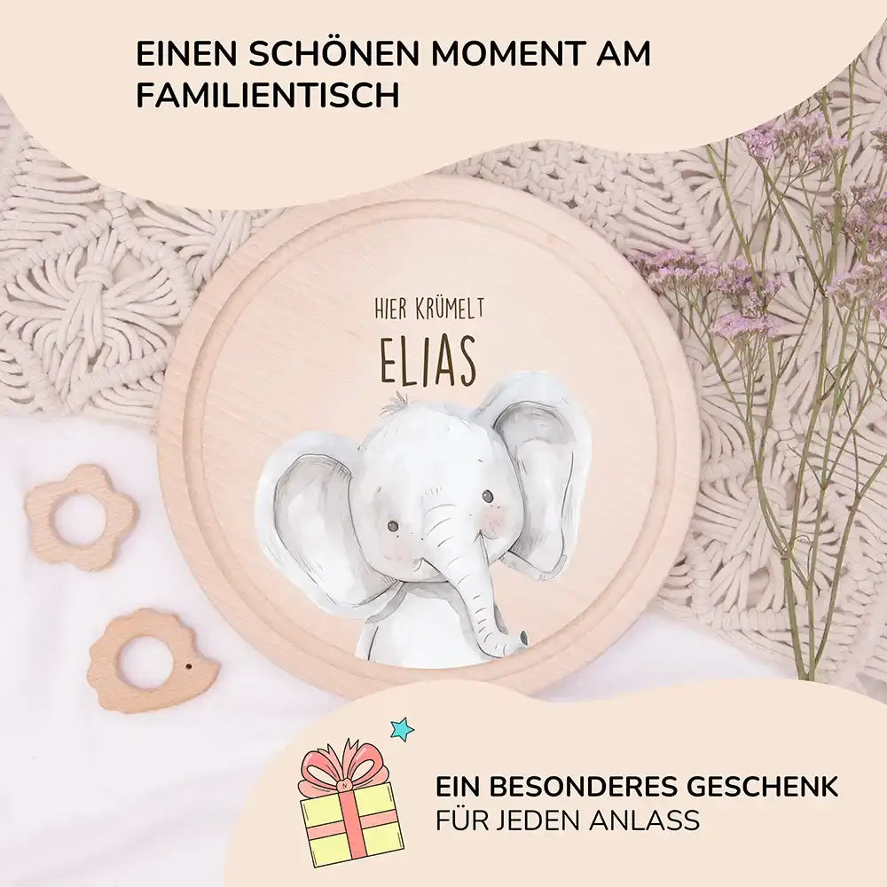 Rundes personalisiertes Frühstücksbrettchen Elefant mit Namen für Kinder