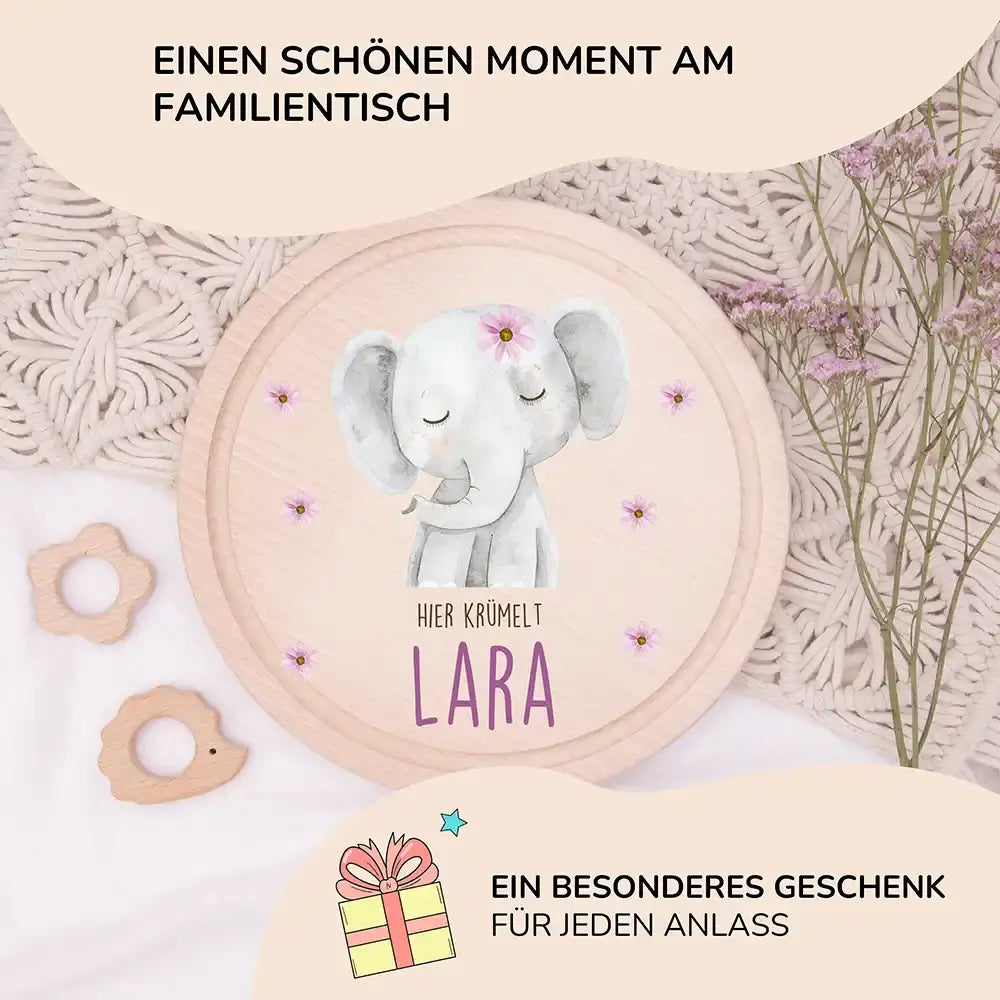 Rundes personalisiertes Frühstücksbrettchen Elefant Pünktchen mit Namen für Kinder