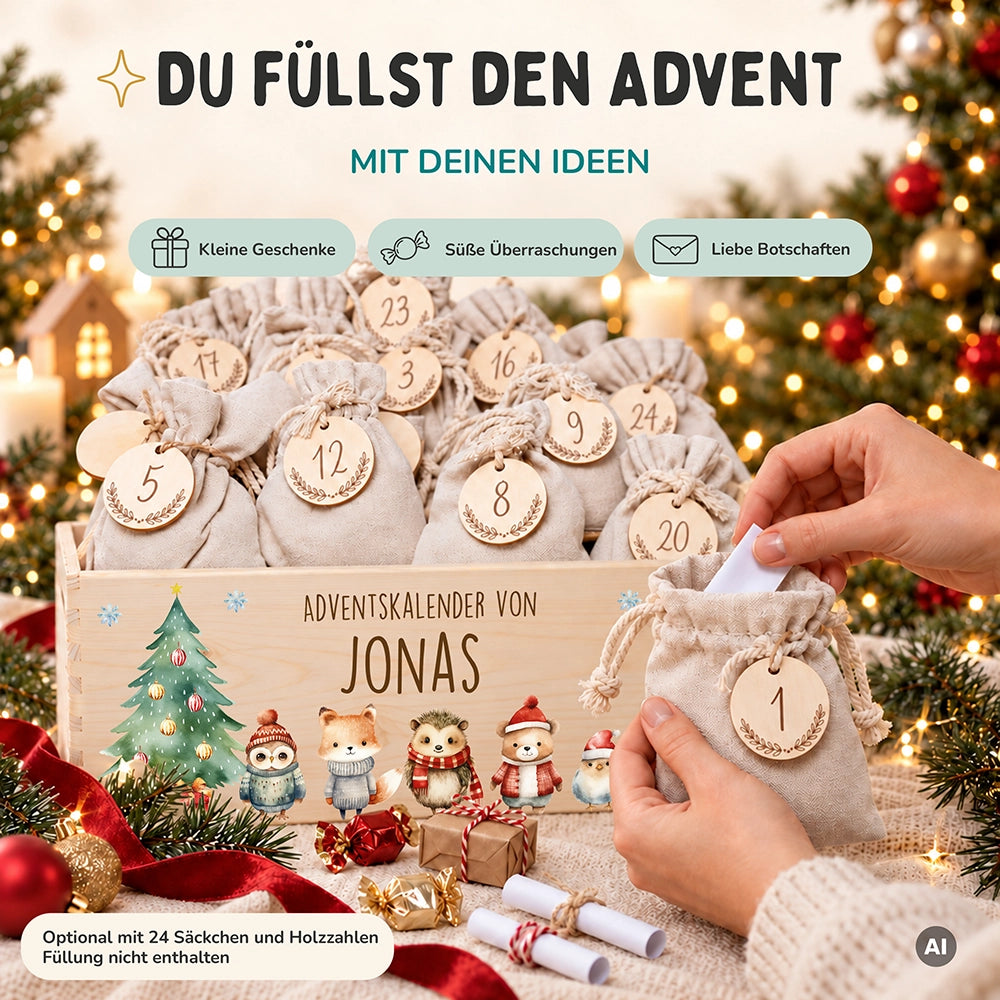Adventskalender zum Befüllen "Weihnachten mit Tierfreunden" personalisiert
