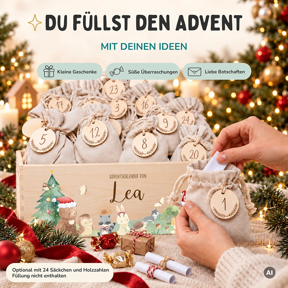 Adventskalender zum Befüllen "Weihnachten mit winterlichen Tierfreunden" personalisiert