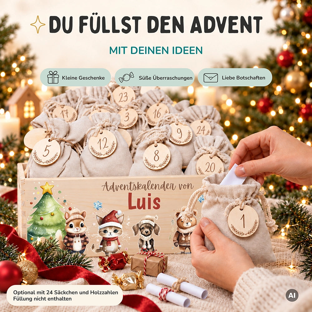 Personalisierter Adventskalender zum Befüllen - Tierfamilie im Winterwald