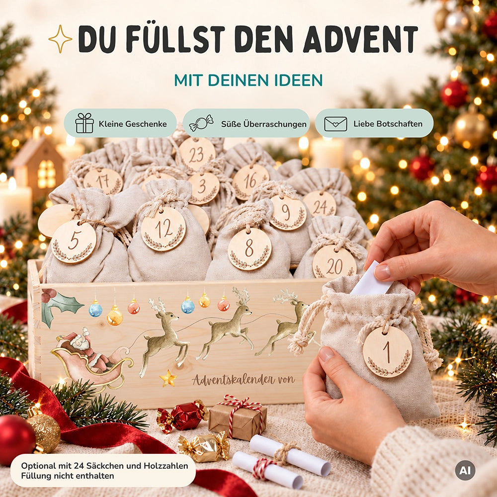 Personalisierter Adventskalender zum Befüllen - Rentier mit Schlitten