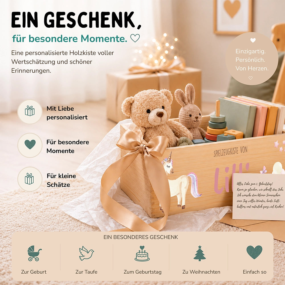 Spielzeugkiste personalisiert mit Namen - Einhornzauber