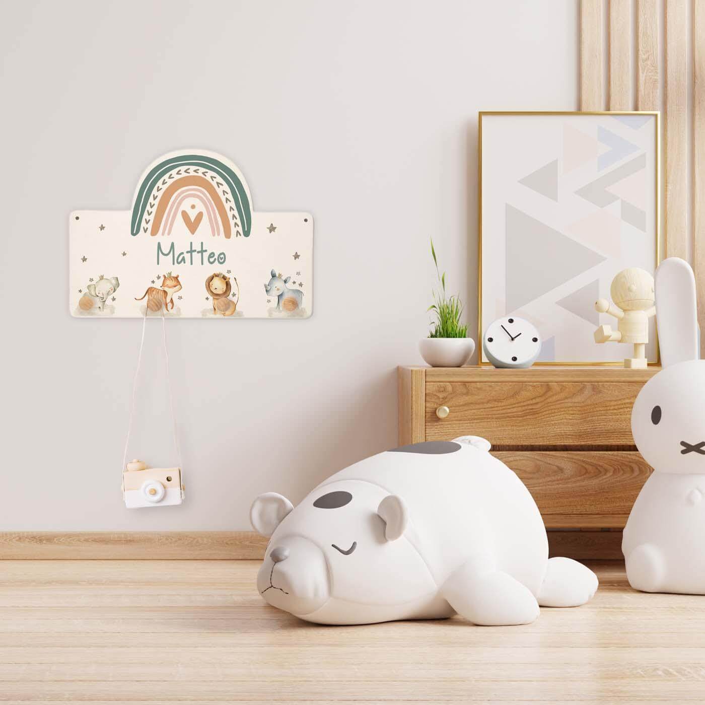 close-up of the rainbow animal family coat rack