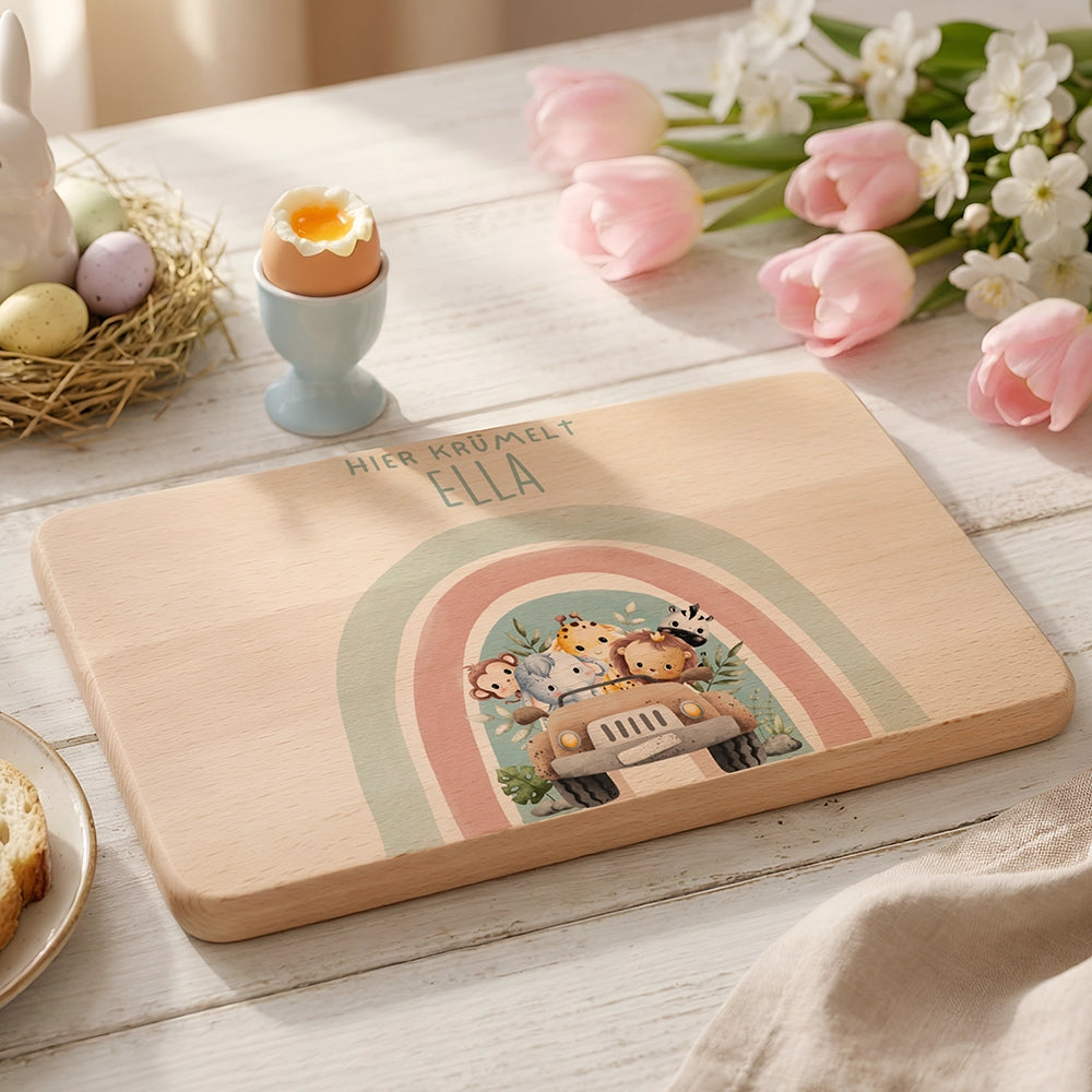 Frühstücksbrettchen Holz personalisiert - Regenbogen Safari