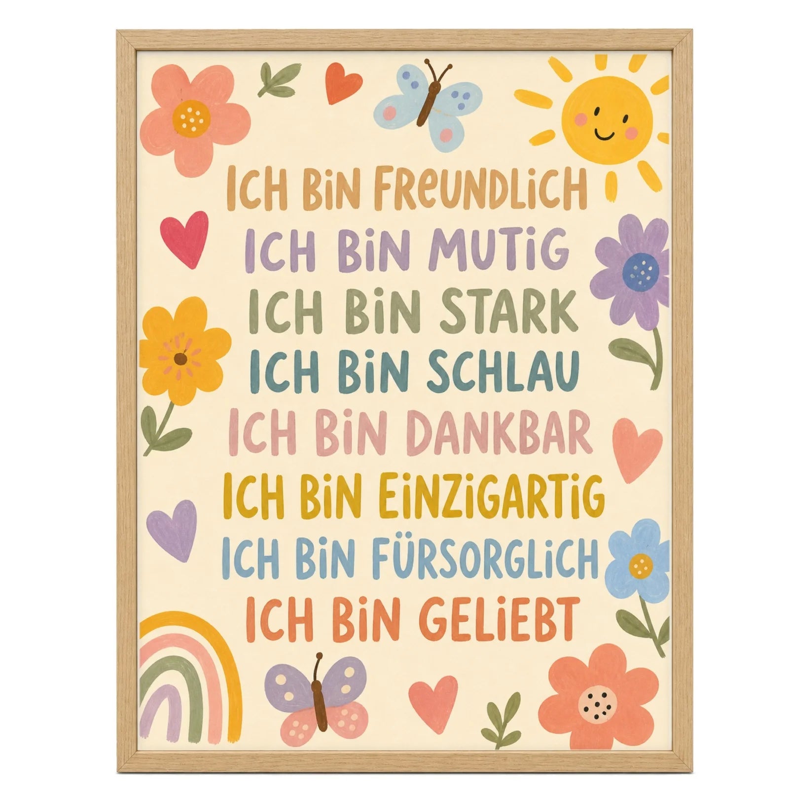 Affirmationsposter Kinderzimmer Blumenwiese Ich bin freundlich, im Mädchenzimmer