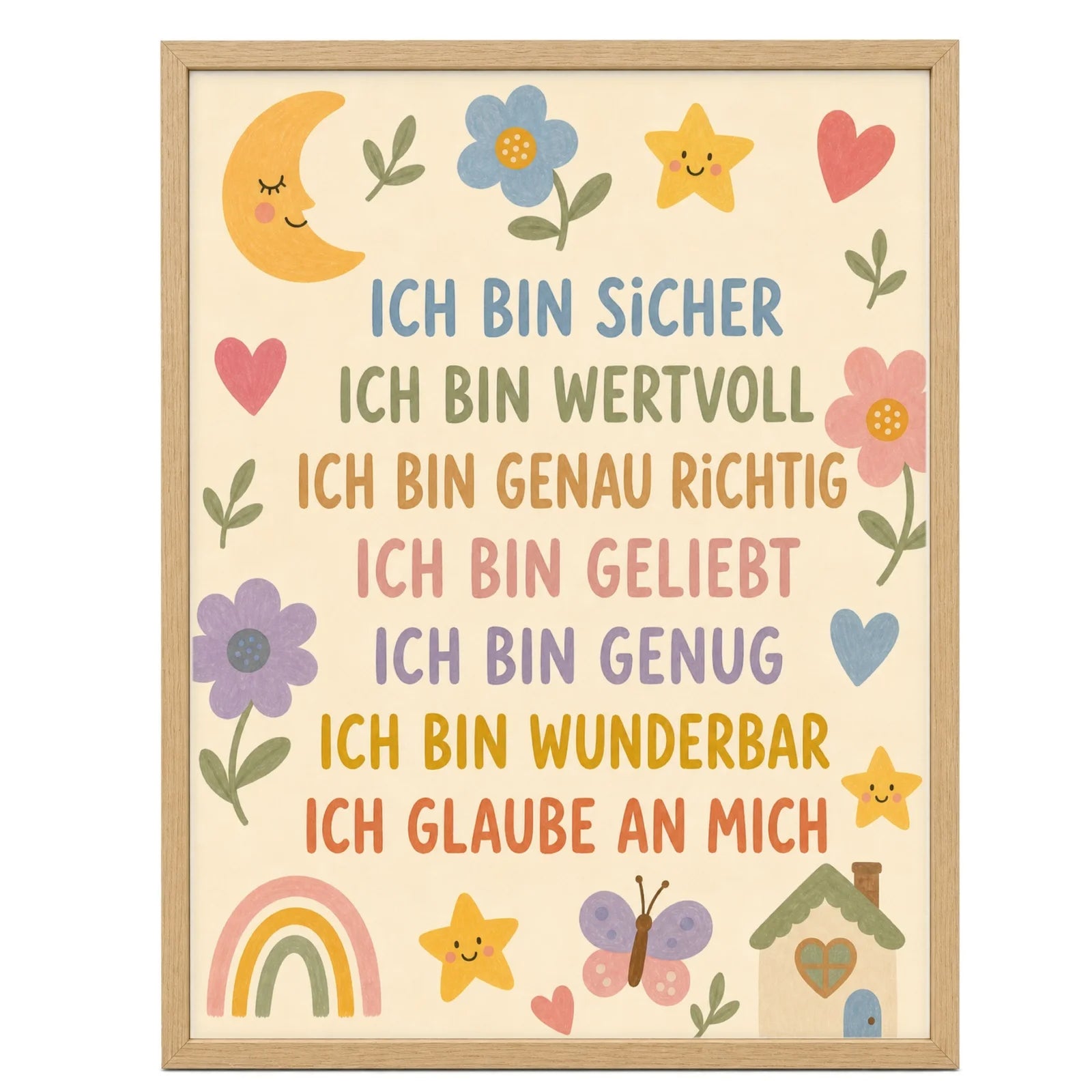 Affirmationsposter Kinderzimmer Blumenwiese Ich bin sicher, im Mädchenzimmer