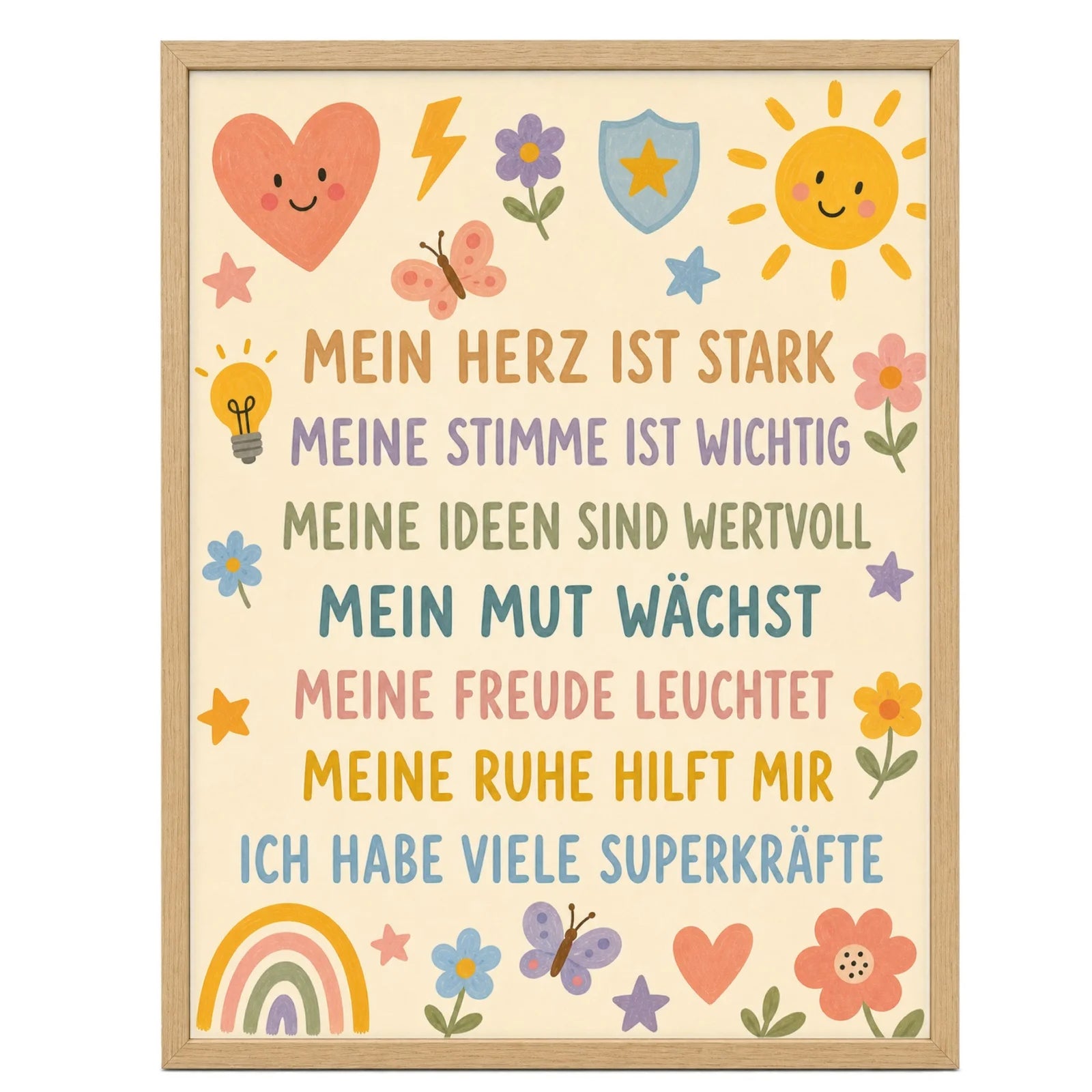 Affirmationsposter Kinderzimmer Blumenwiese Superkräfte, im Mädchenzimmer