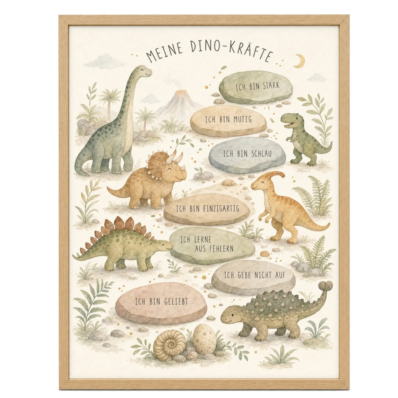 Affirmationsposter Kinderzimmer Dino-Kräfte, im Mädchenzimmer