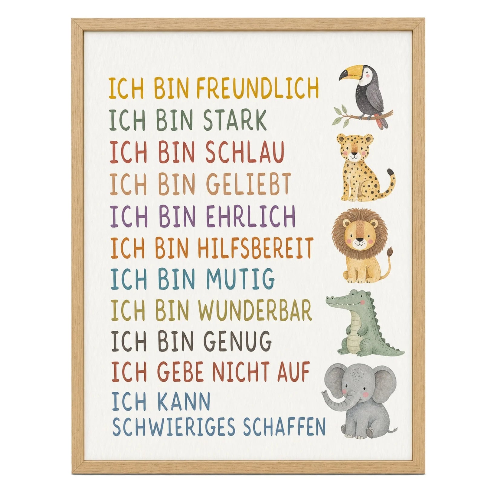 Affirmationsposter Kinderzimmer Safaritiere, im Mädchenzimmer