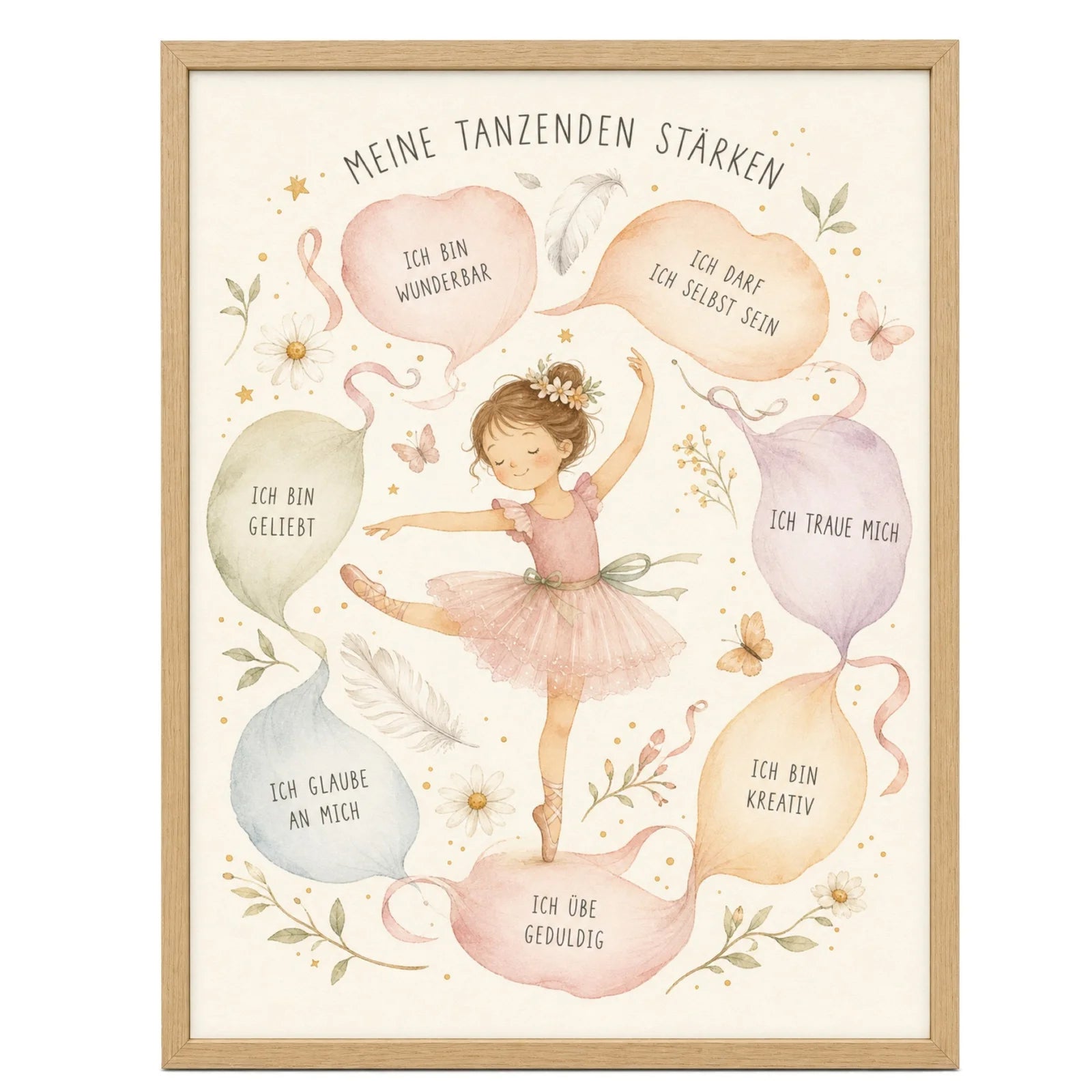 Affirmationsposter Kinderzimmer Tanzende Stärken, im Mädchenzimmer