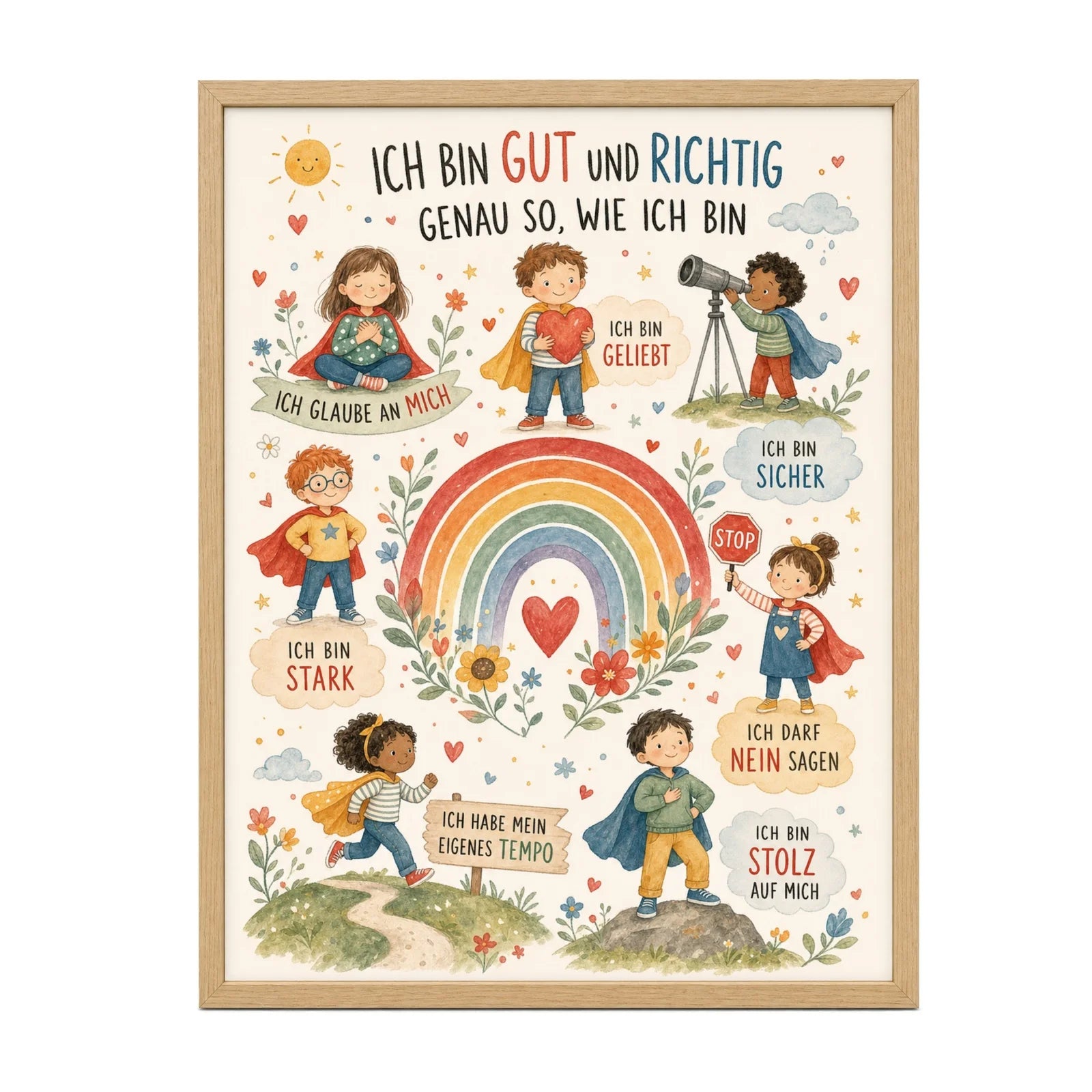 Affirmationsposter Kinderzimmer Wimmelbild Ich bin gut und richtig, im Mädchenzimmer