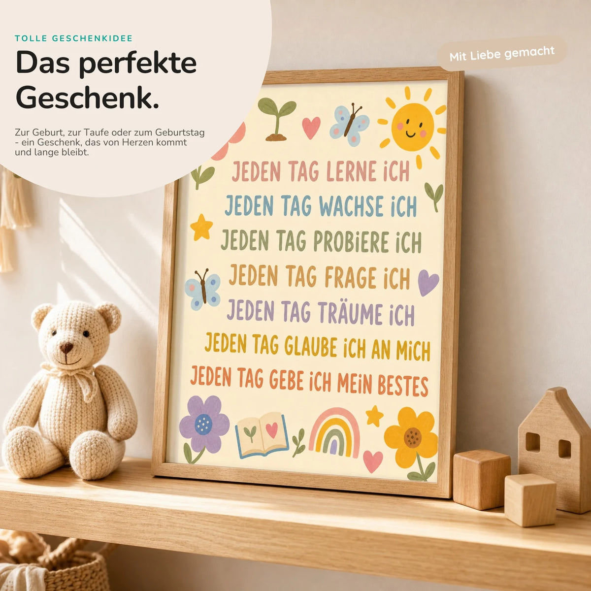 Affirmationsposter „Blumenwiese Jeden Tag“ mit Teddy – Geschenk zur Geburt oder Taufe