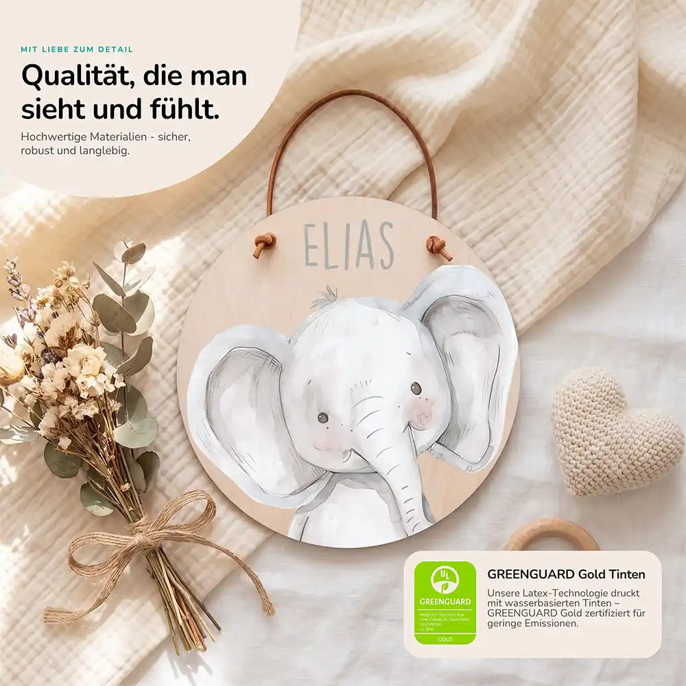 Türschild Kinderzimmer Elefant Porträt, Detailansicht von Holz und Farbdruck